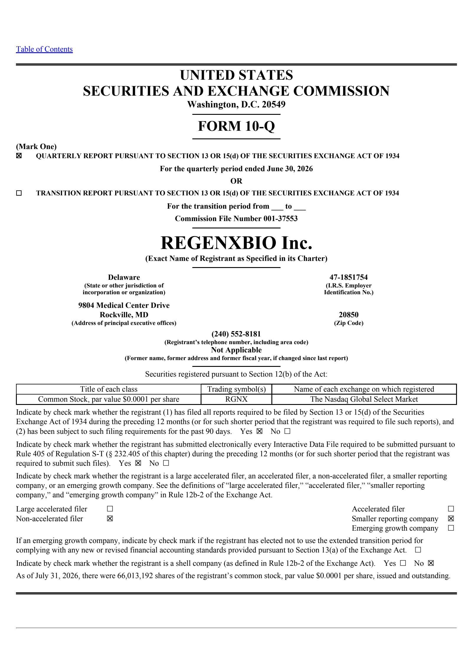 REGENXBIO's Q2 2026 Quarterly report