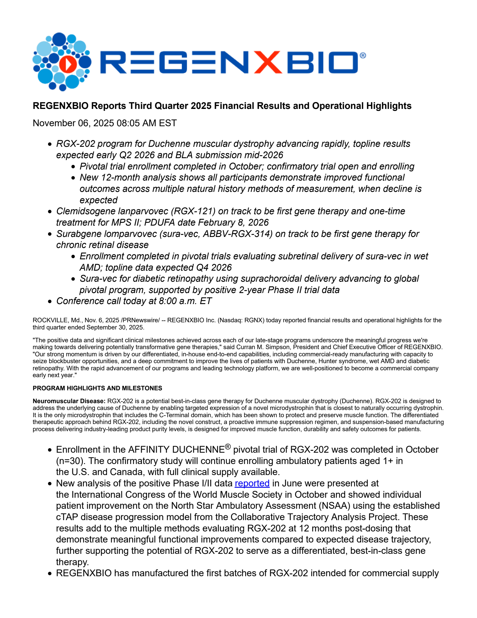 REGENXBIO's Q3 2025 Earnings Release