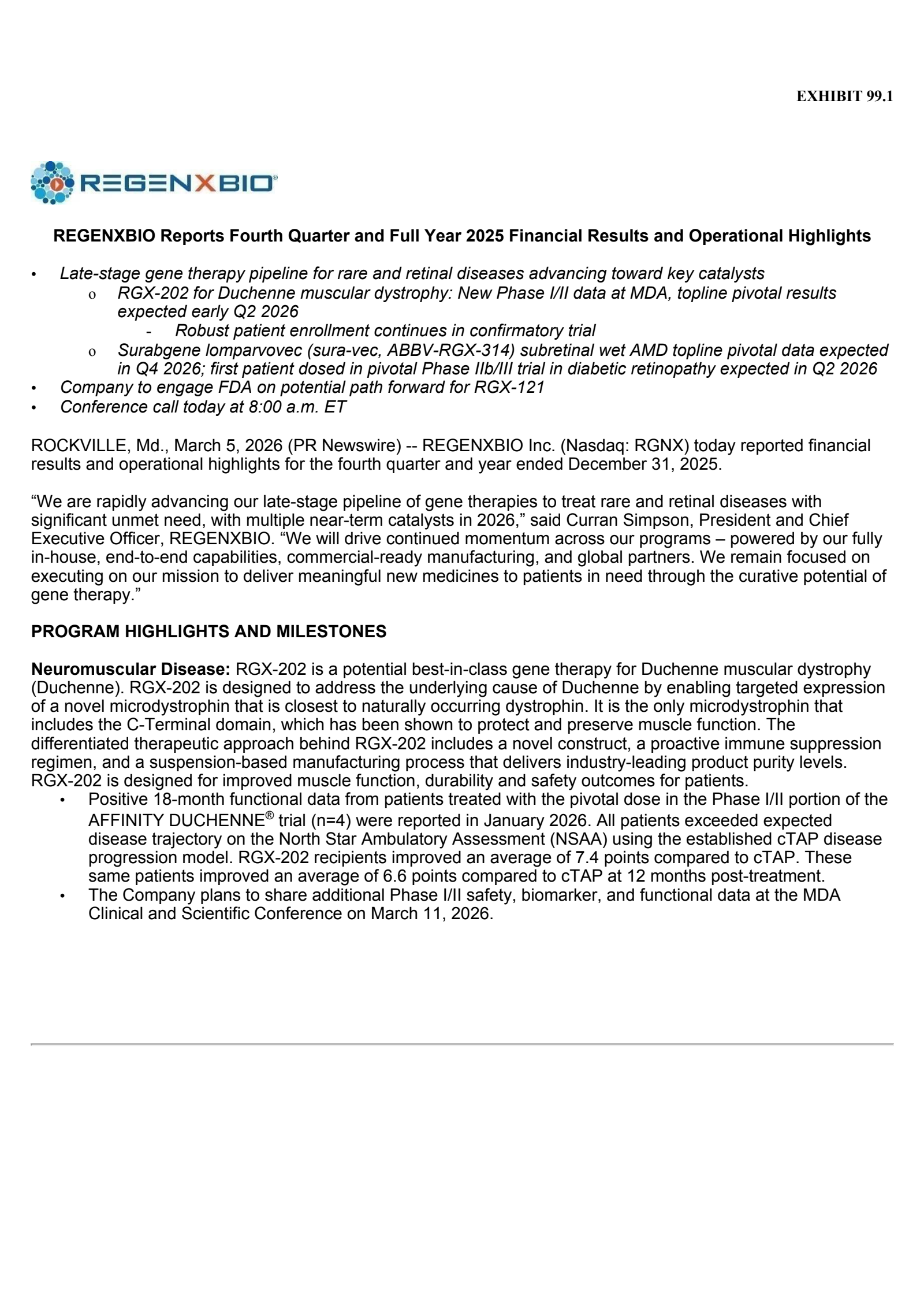REGENXBIO's Q4 2025 Press Release