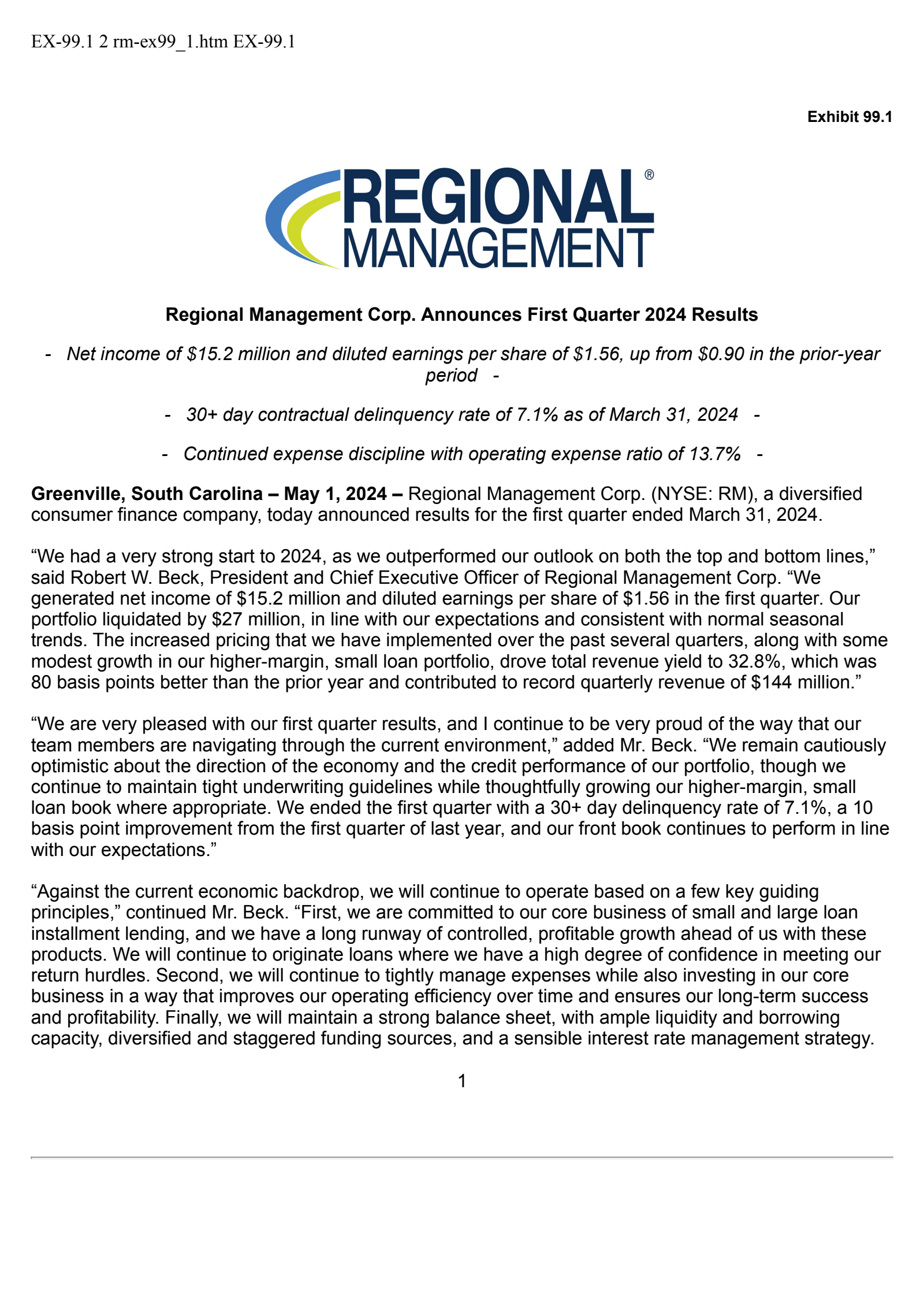 Regional Management's Q1 2024 Press Release