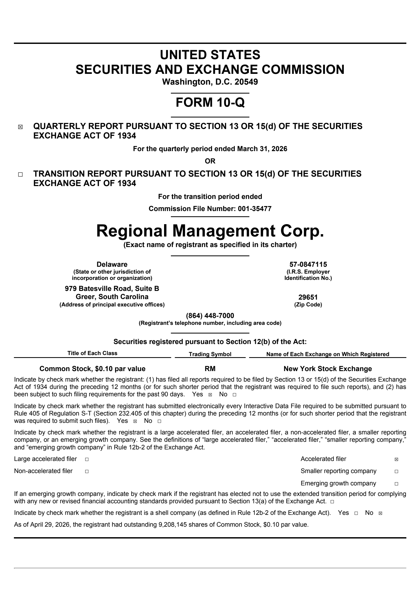 Regional Management's Q1 2026 Quarterly report