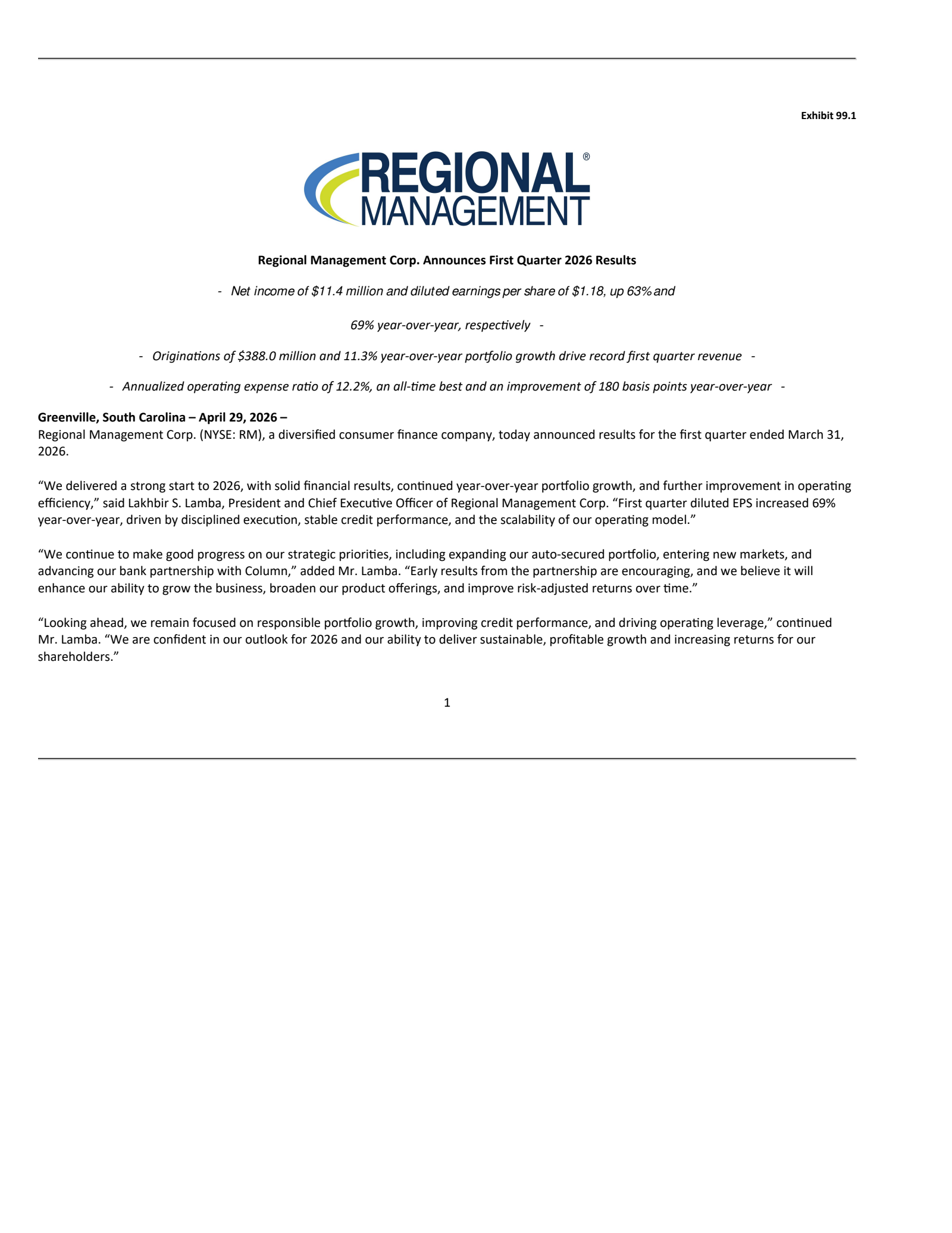 Regional Management's Q1 2026 Press Release