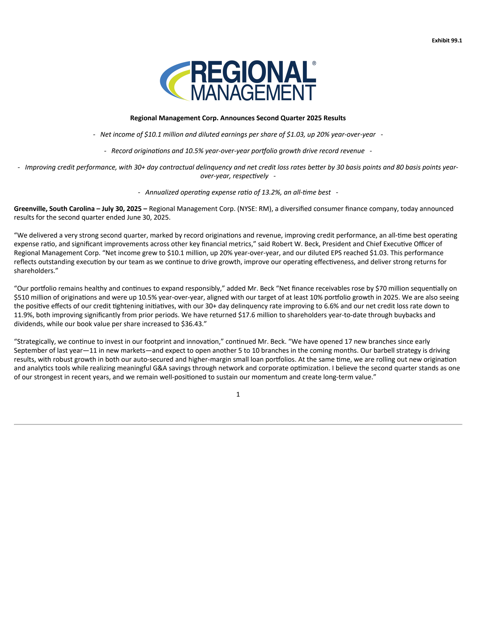 Regional Management's Q2 2025 Press Release