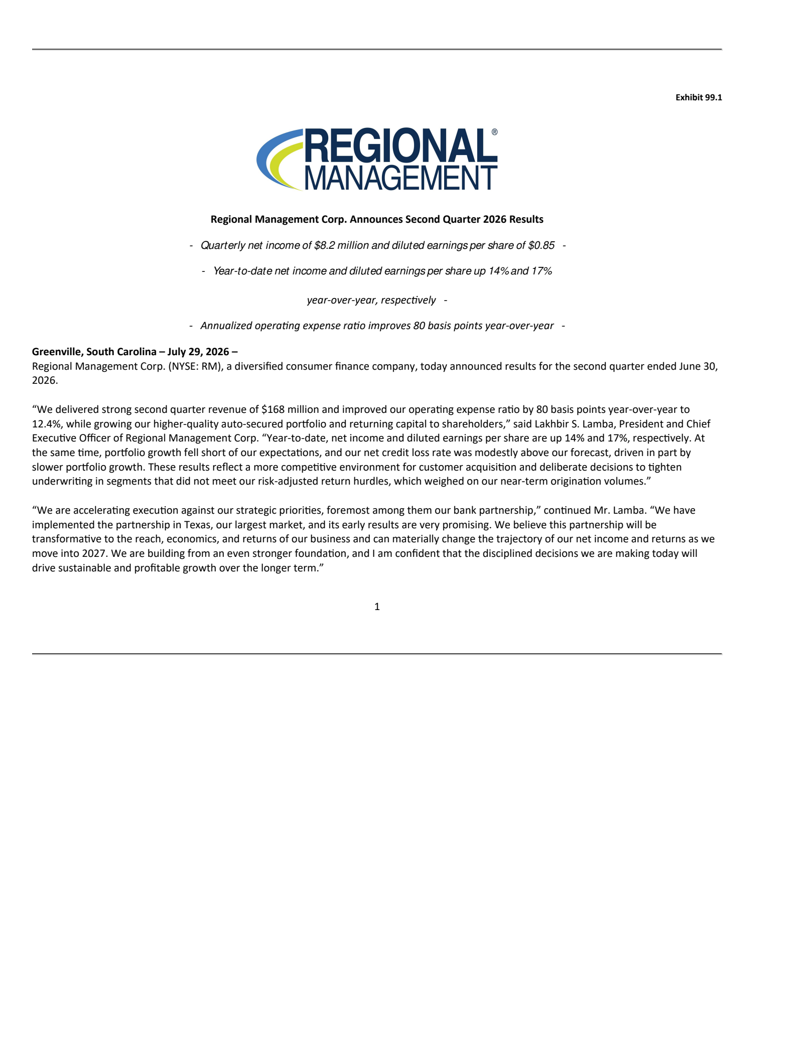 Regional Management's Q2 2026 Press Release