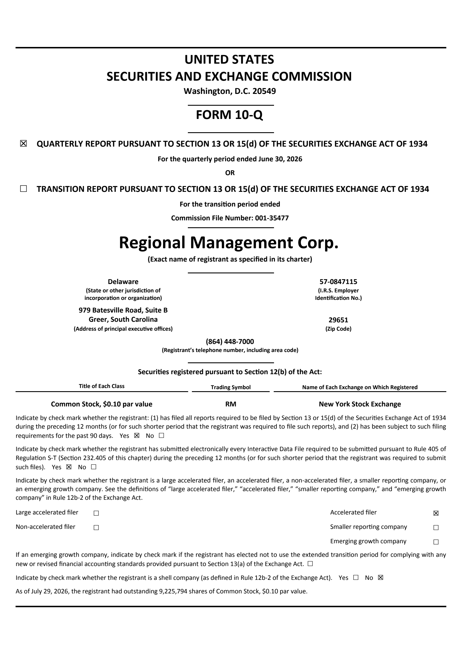 Regional Management's Q2 2026 Quarterly report