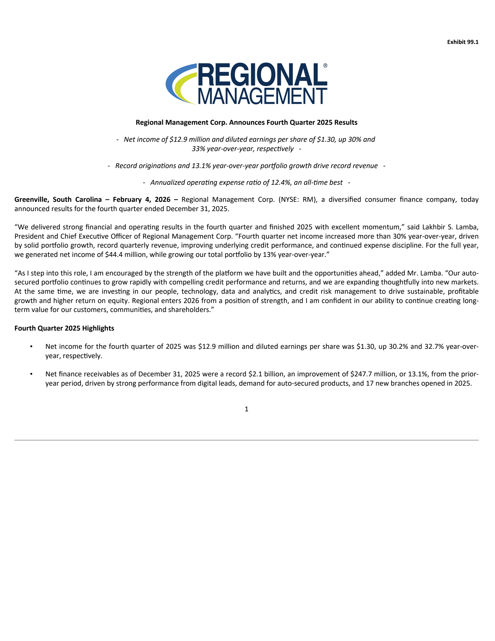 Regional Management's Q4 2025 Press Release