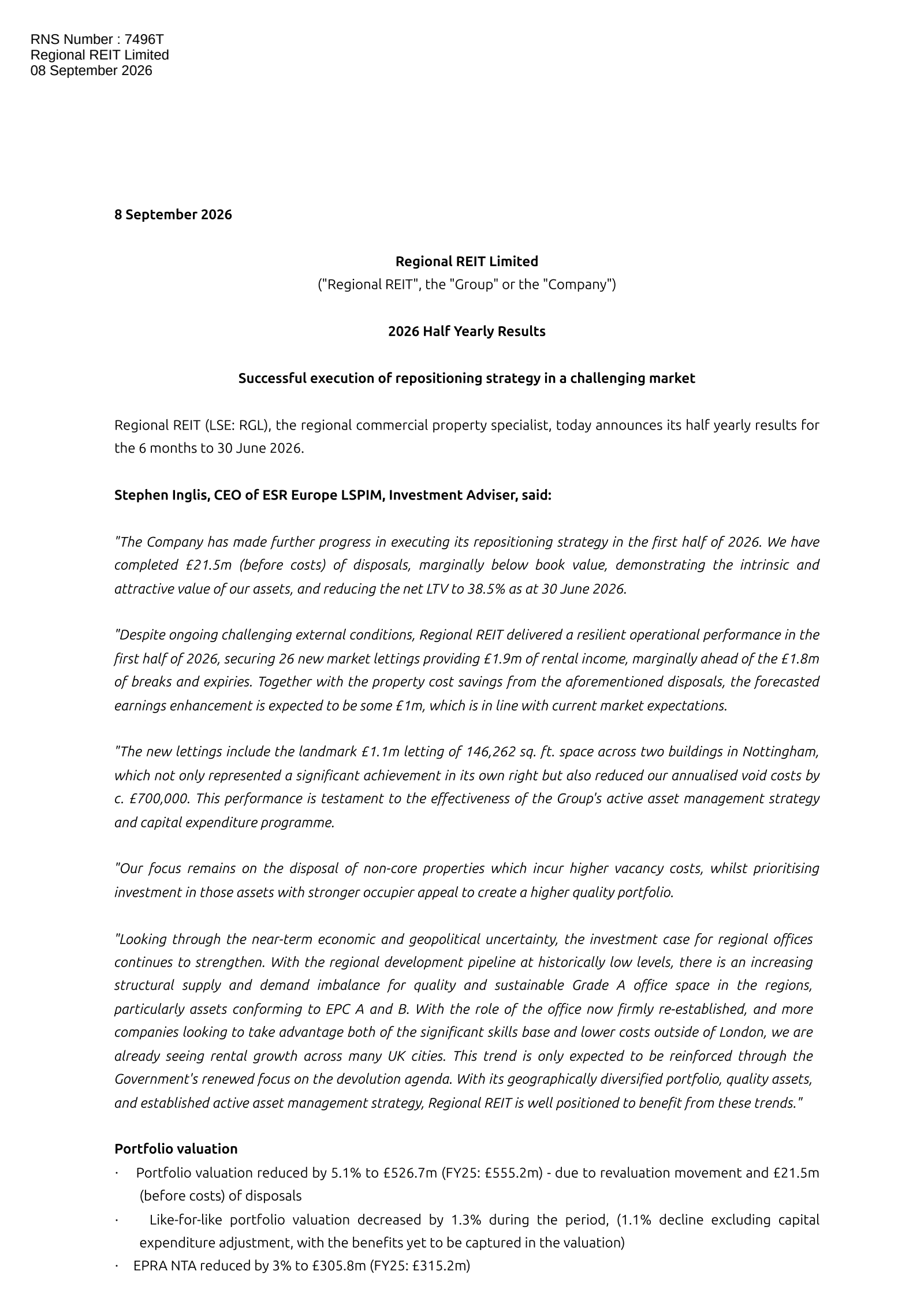 Regional REIT's H1 2026 Interim report