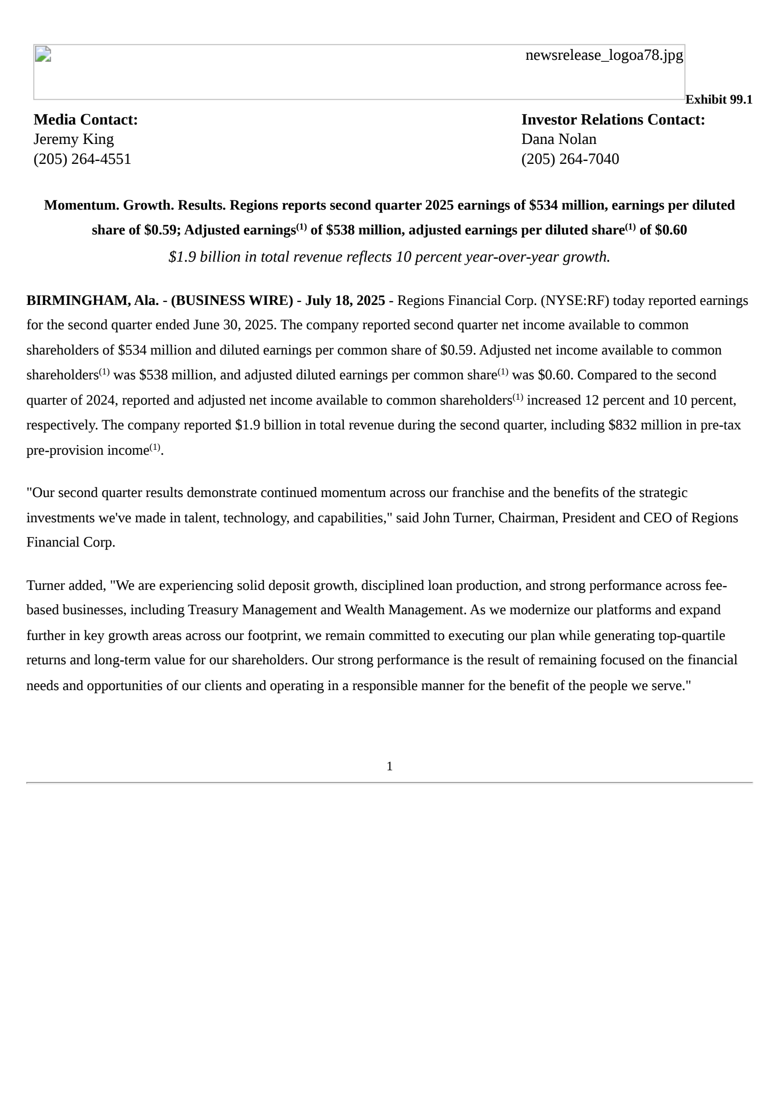 Regions Financial's Q2 2025 Press Release