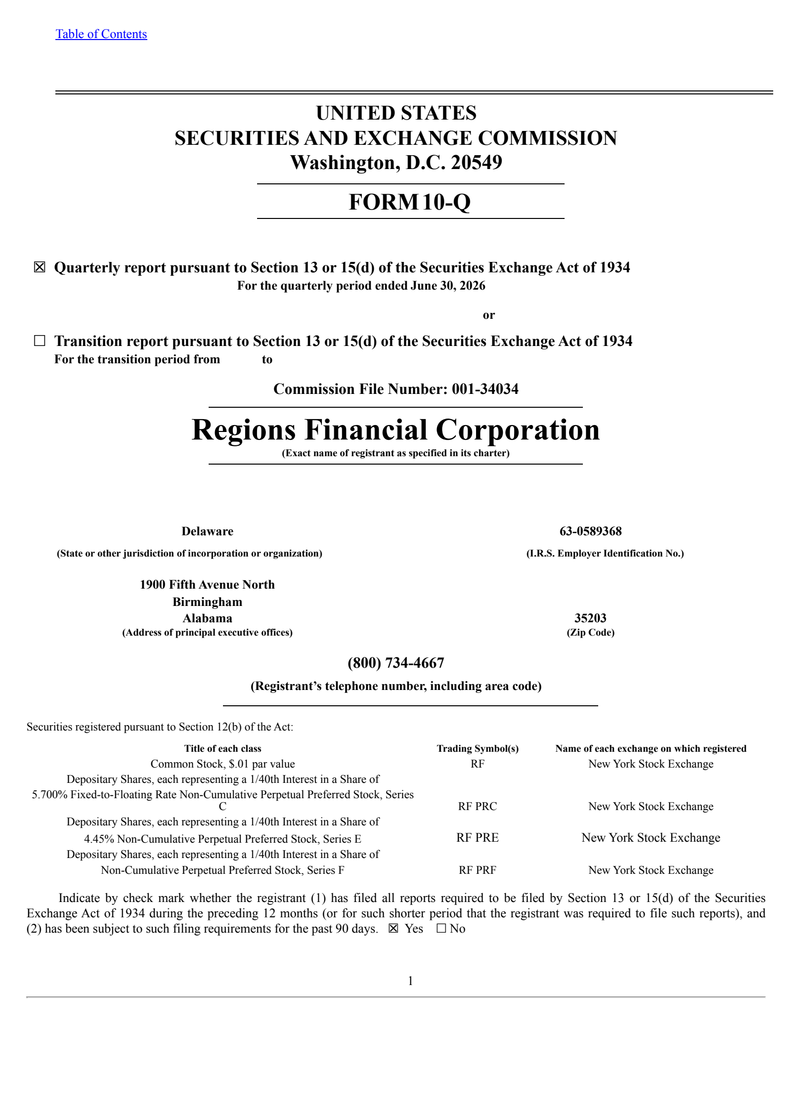 Regions Financial's Q2 2026 Quarterly report