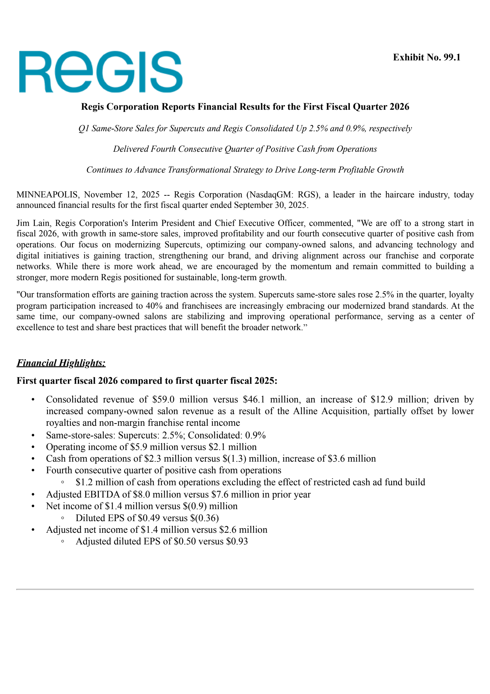 Regis' Q1 2026 Earnings Release