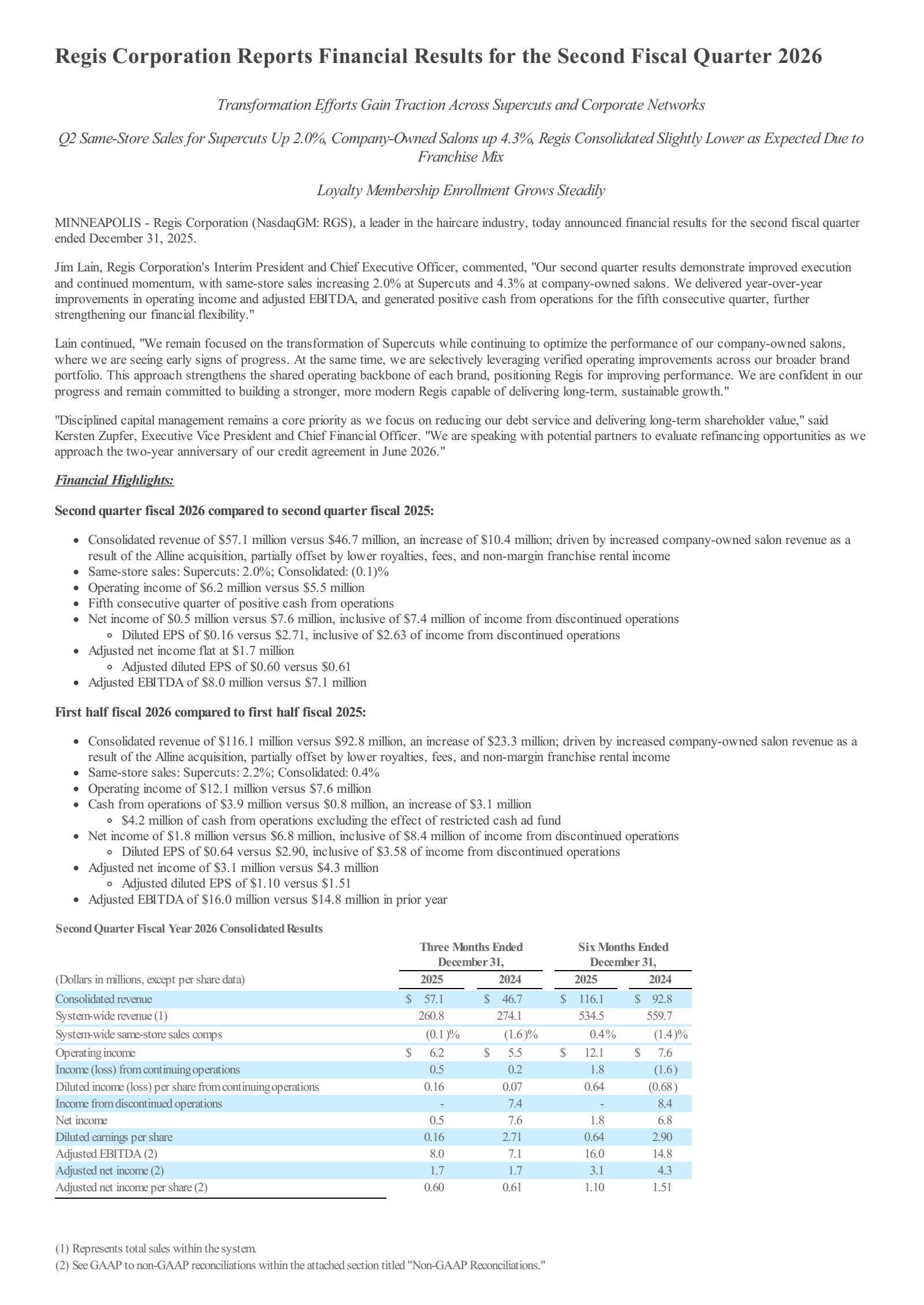 Regis' Q2 2026 Press Release