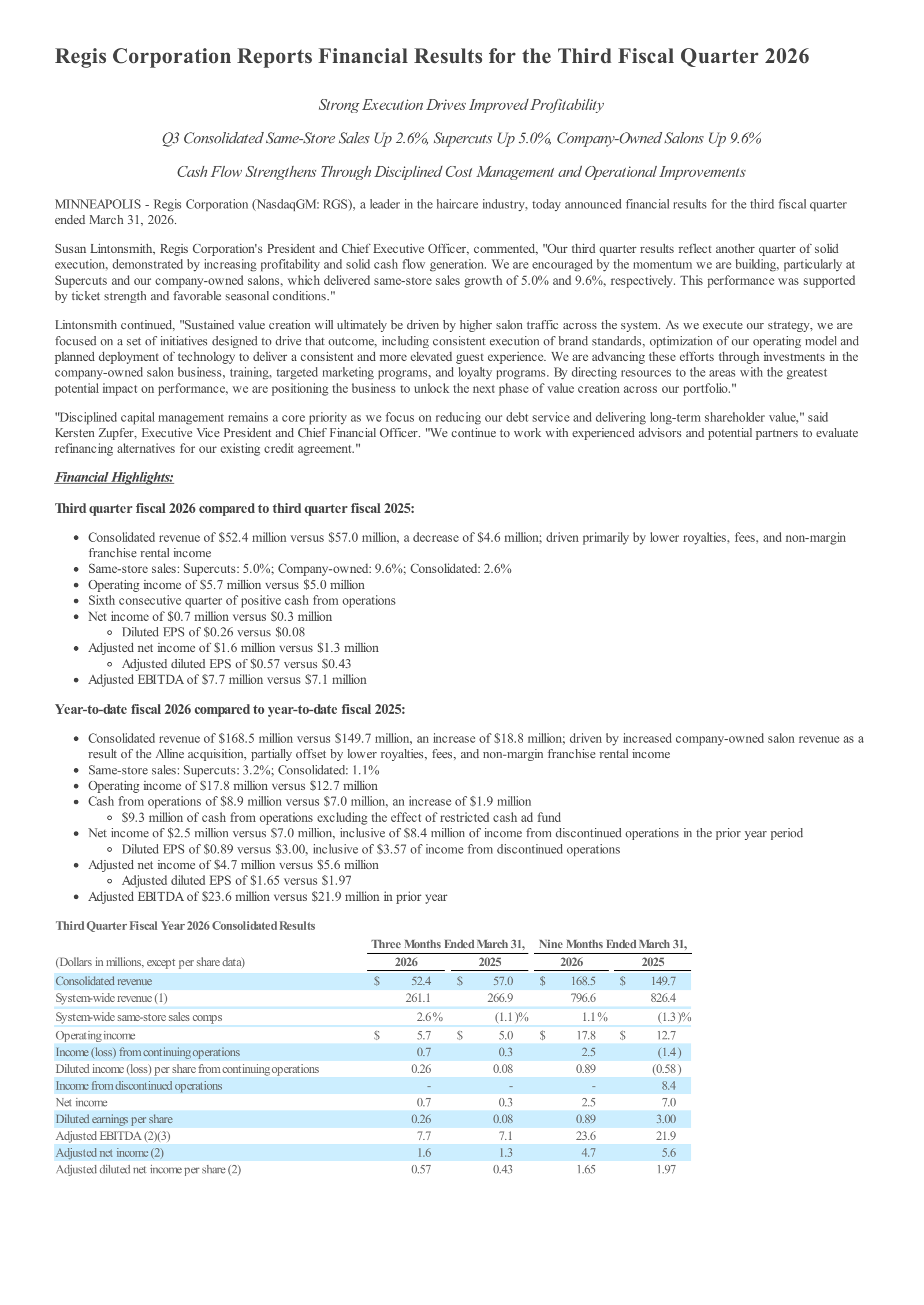 Regis' Q3 2026 Press Release