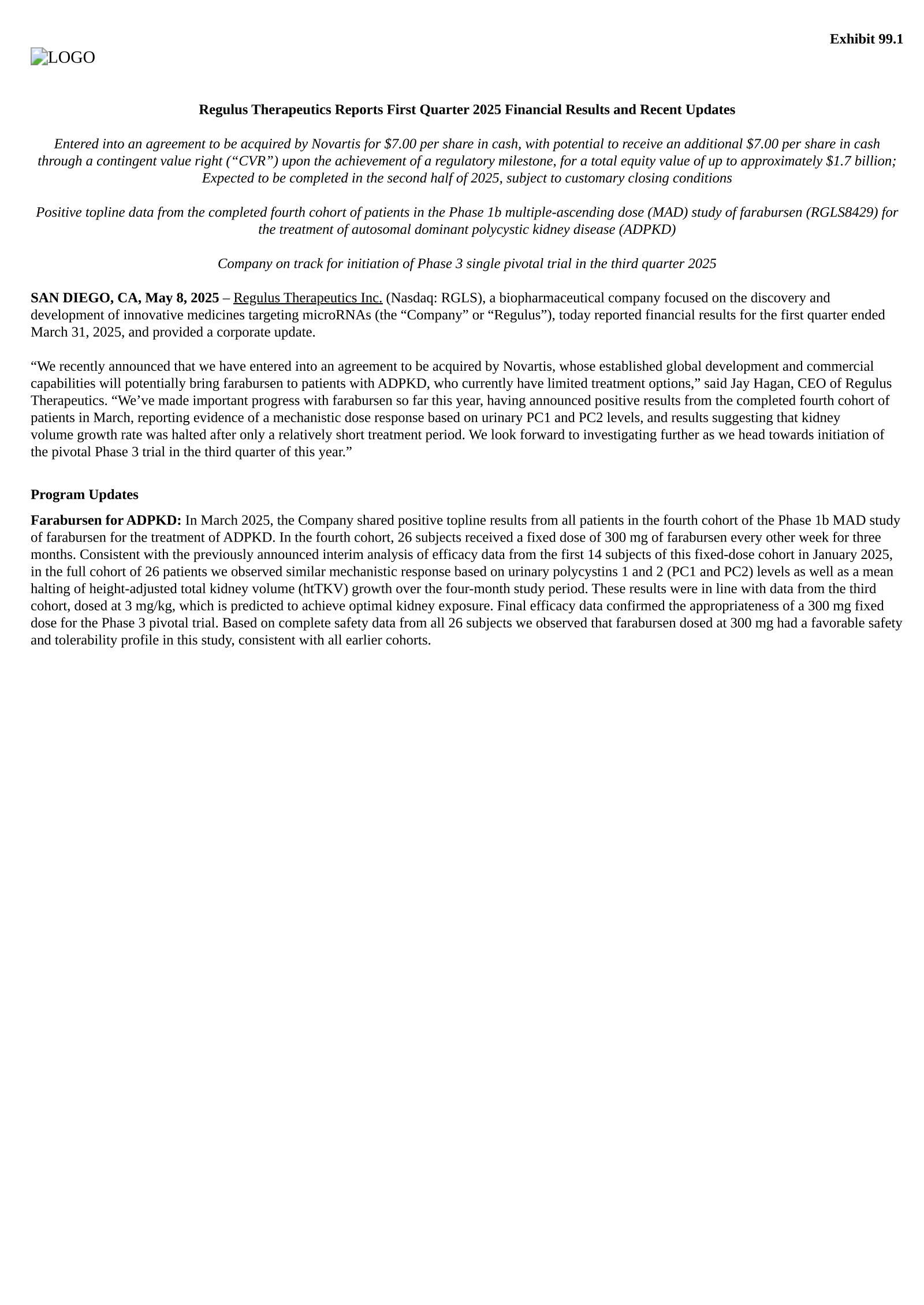 Regulus Therapeutics' Q1 2025 Press Release