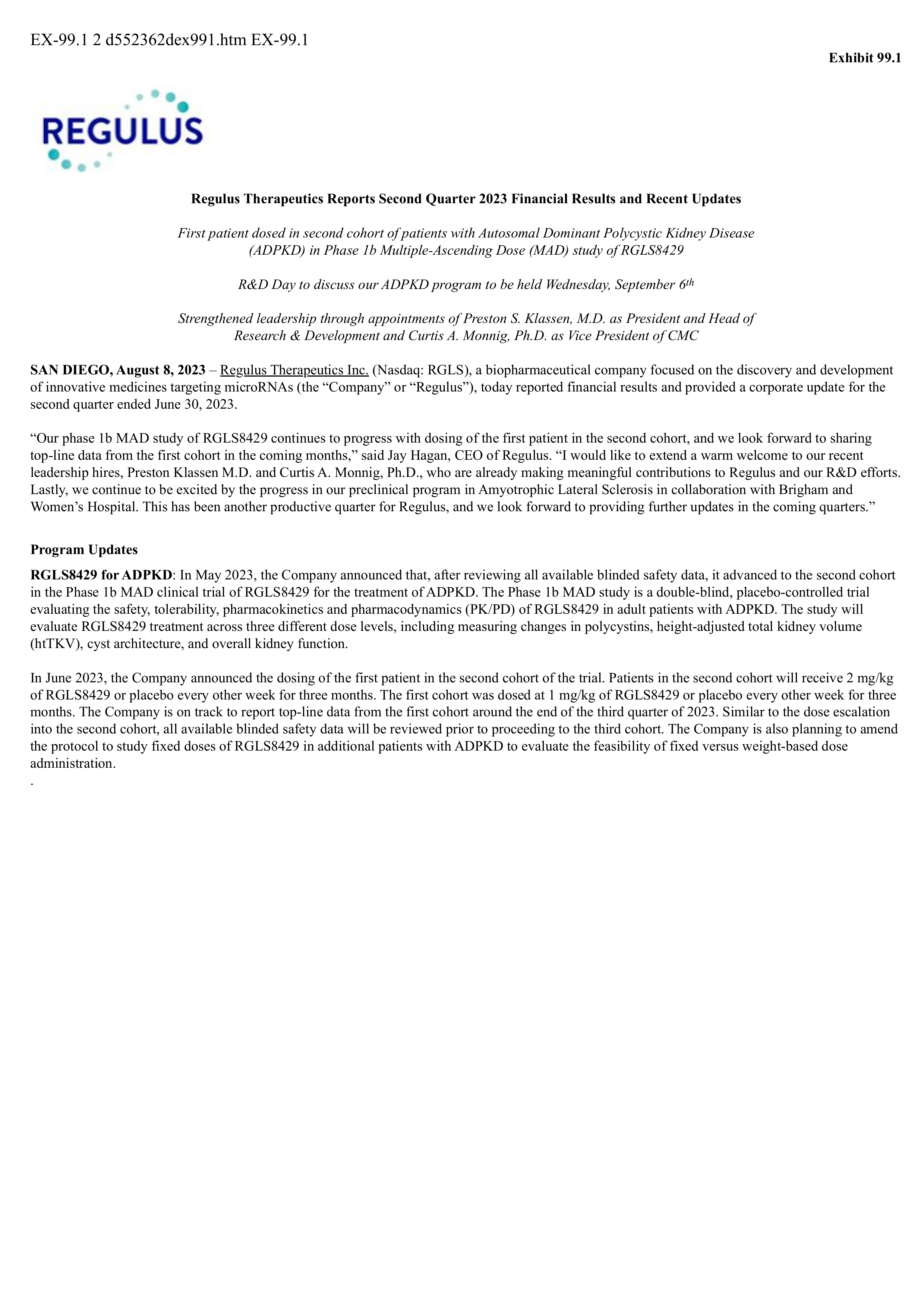 Regulus Therapeutics' Q2 2023 Press Release