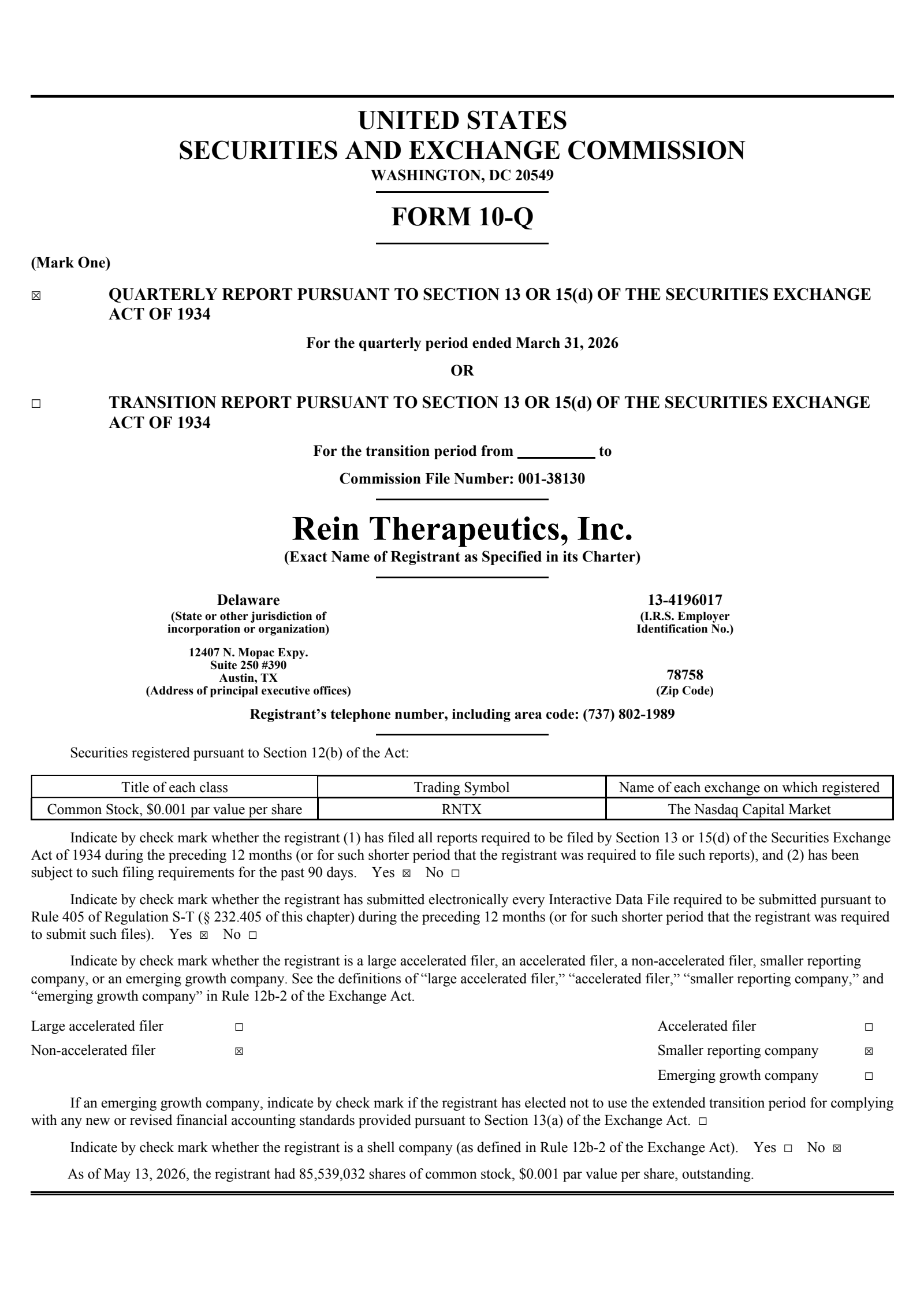 Rein Therapeutics' Q1 2026 Quarterly report