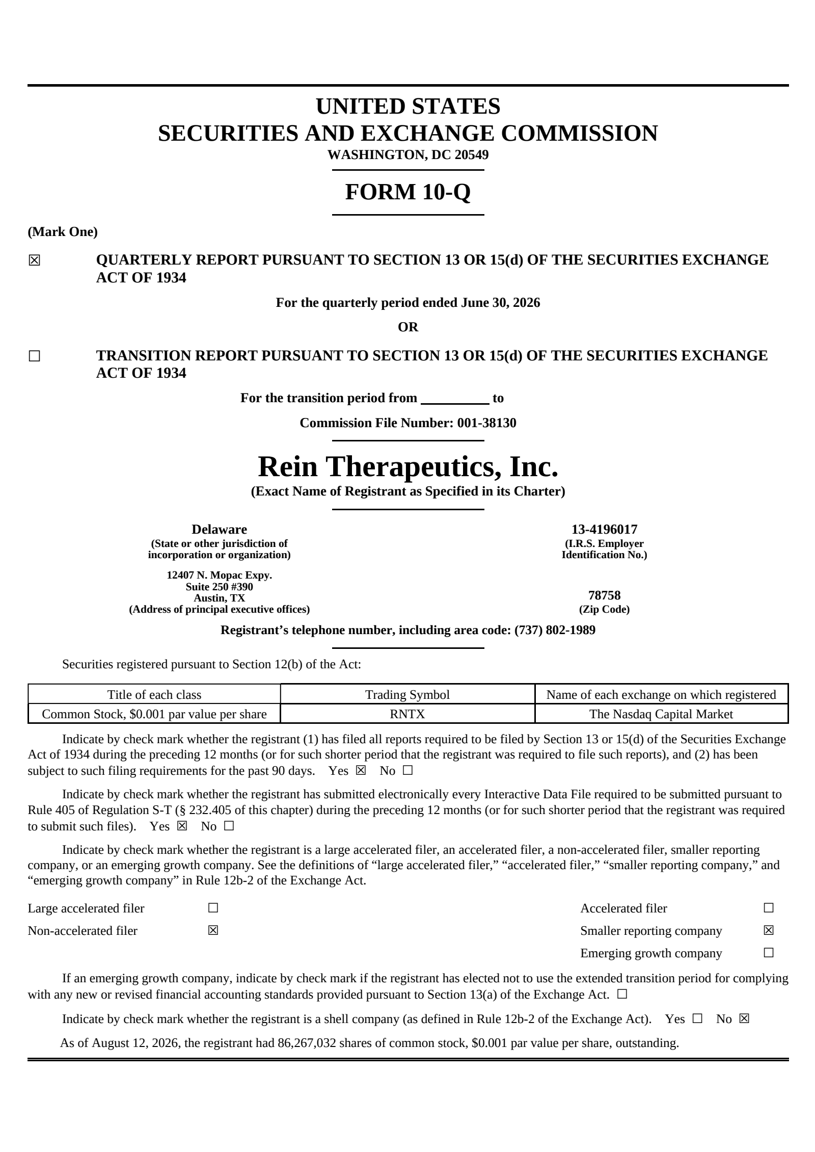 Rein Therapeutics' Q2 2026 Quarterly report