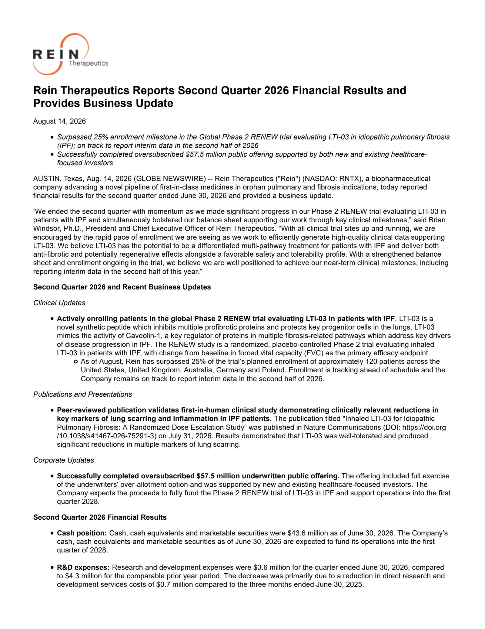 Rein Therapeutics' Q2 2026 Press Release