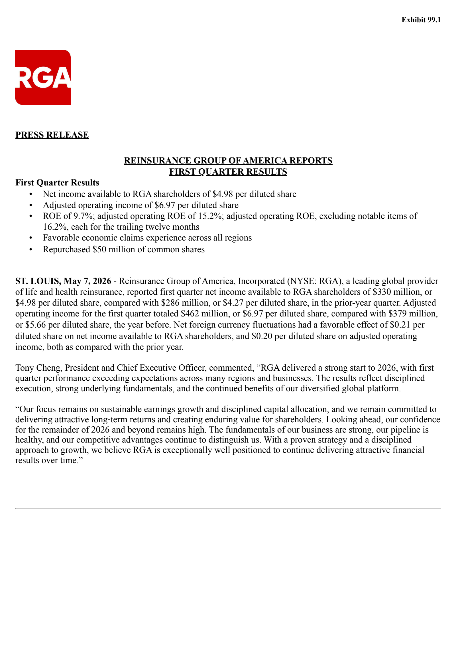Reinsurance Group of America's Q1 2026 Press Release