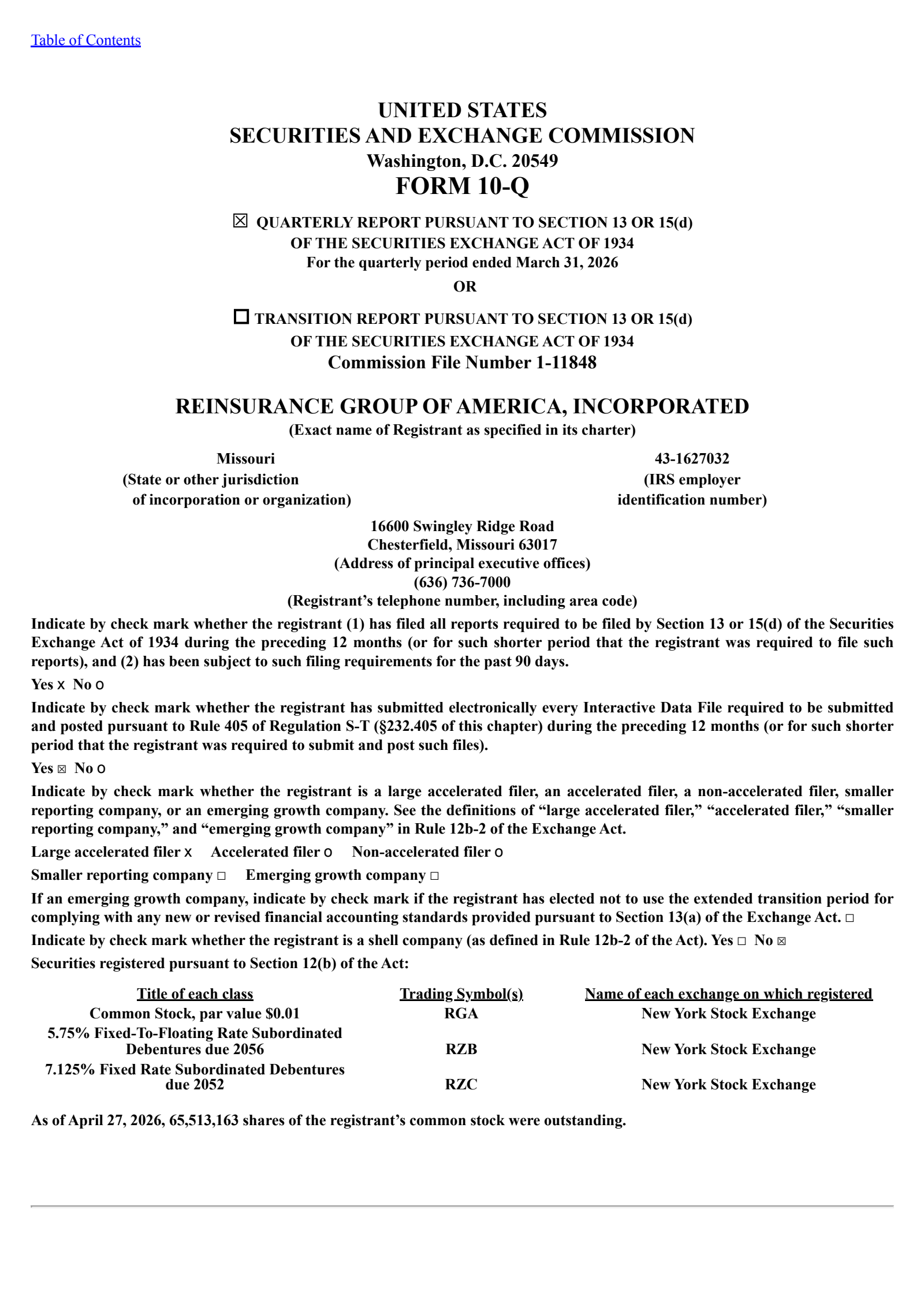 Reinsurance Group of America's Q1 2026 Quarterly report