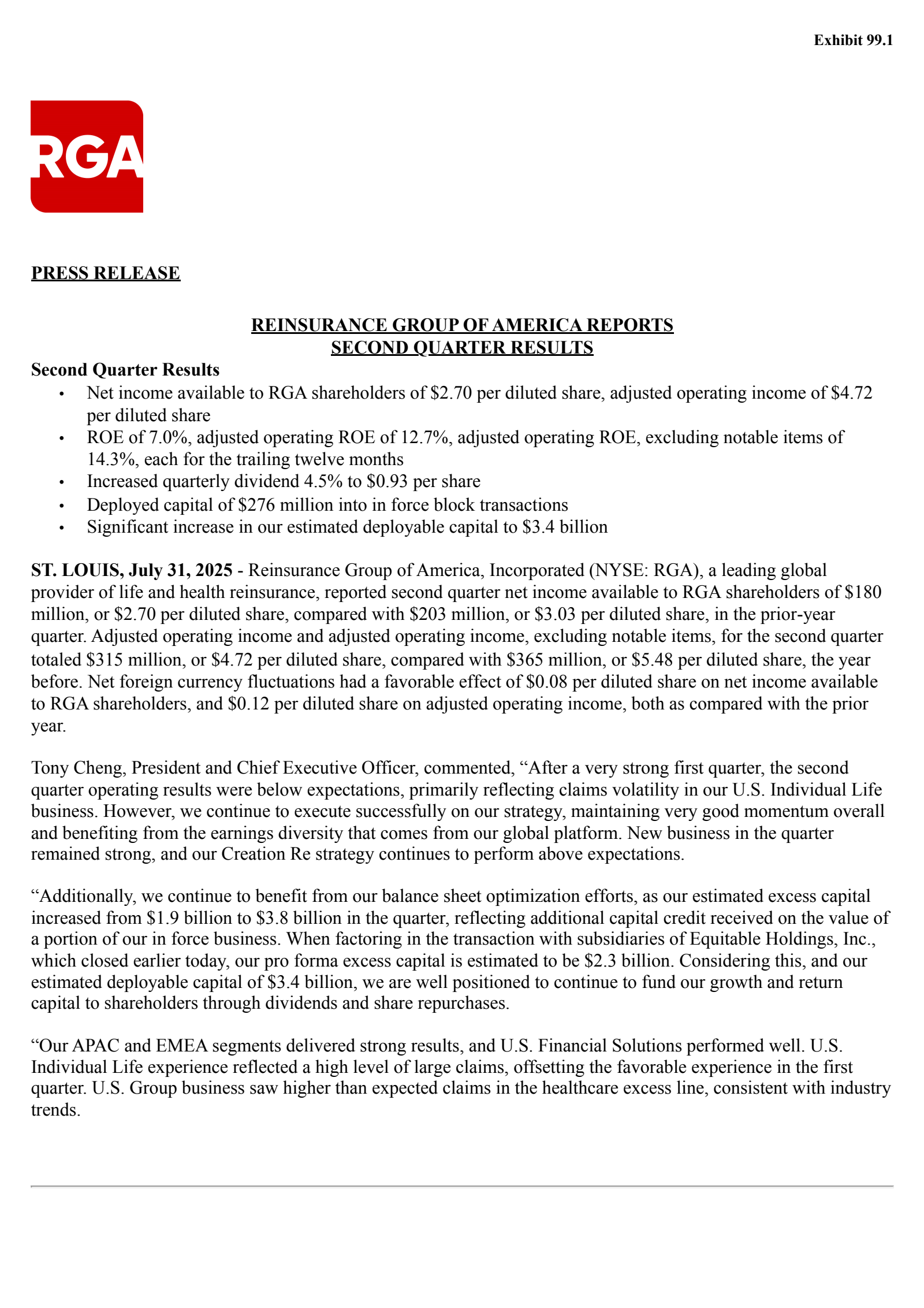Reinsurance Group of America's Q2 2025 Press Release
