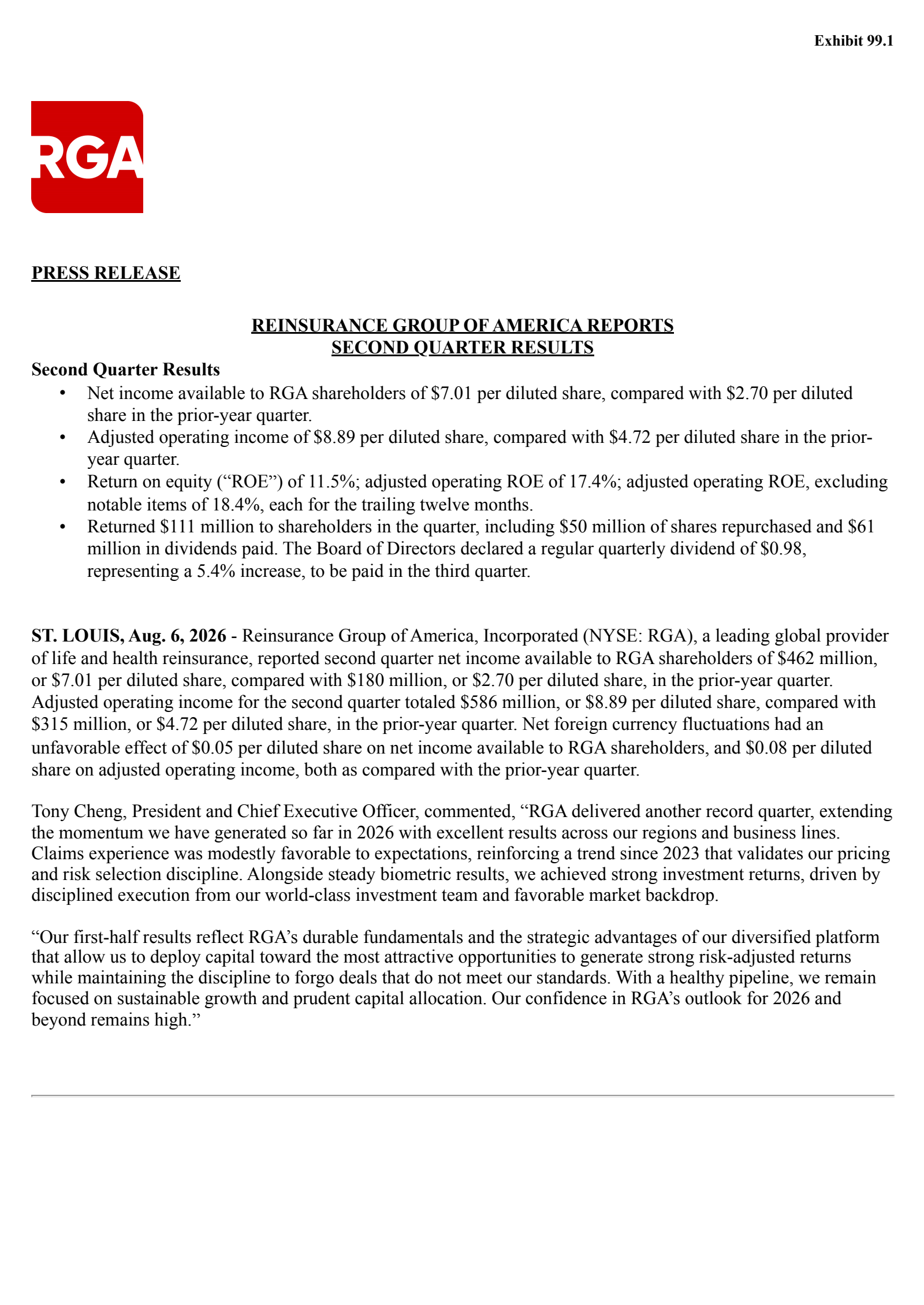 Reinsurance Group of America's Q2 2026 Press Release