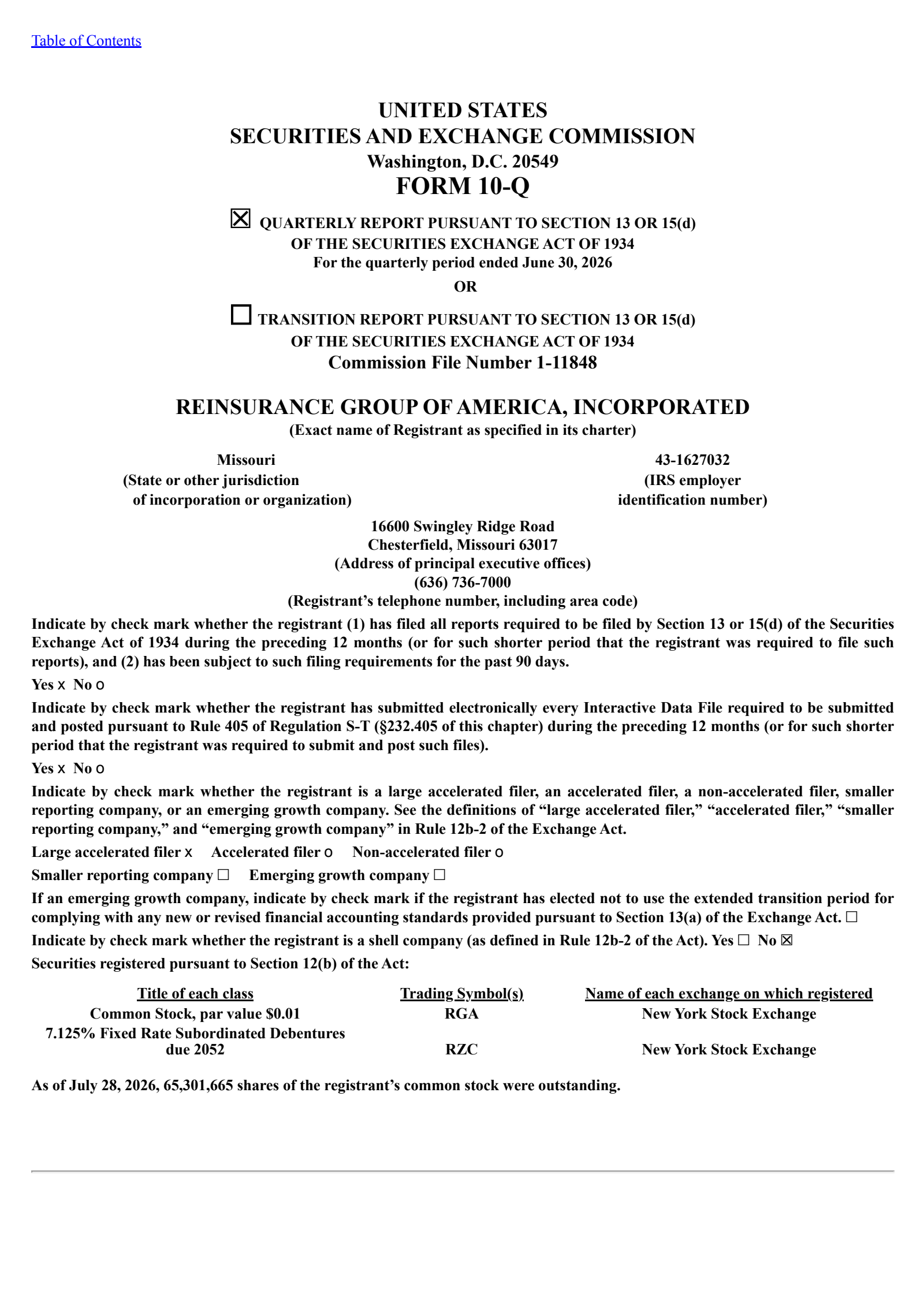 Reinsurance Group of America's Q2 2026 Quarterly report