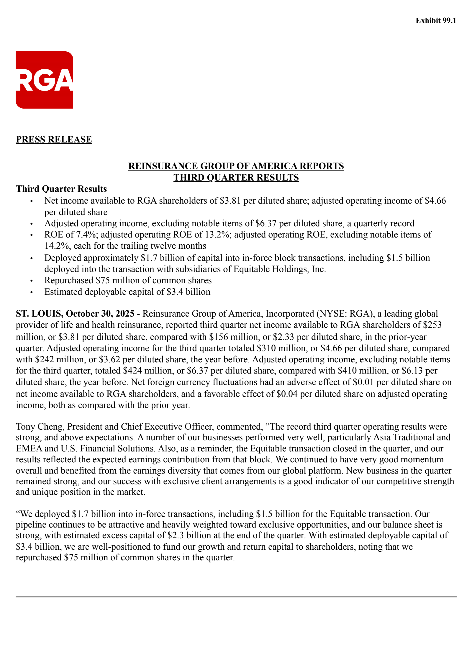 Reinsurance Group of America's Q3 2025 Earnings Release