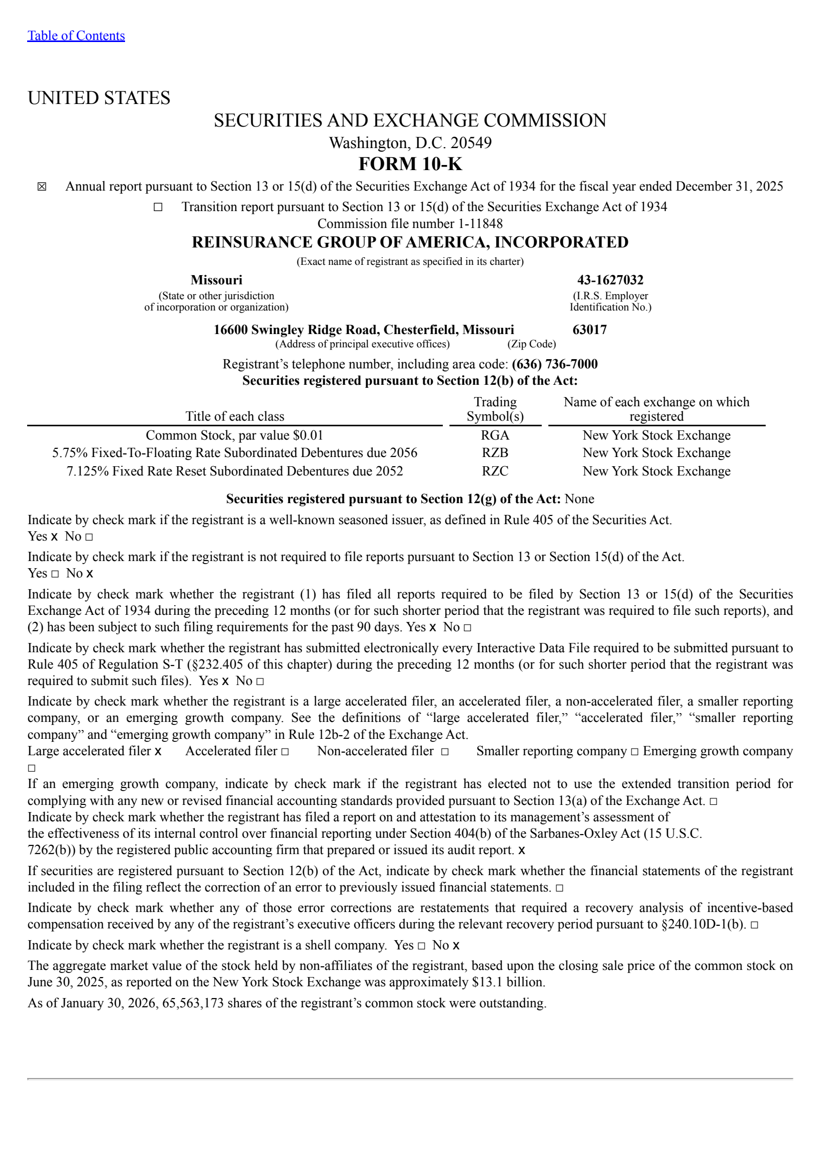 Reinsurance Group of America's Q4 2025 Annual report