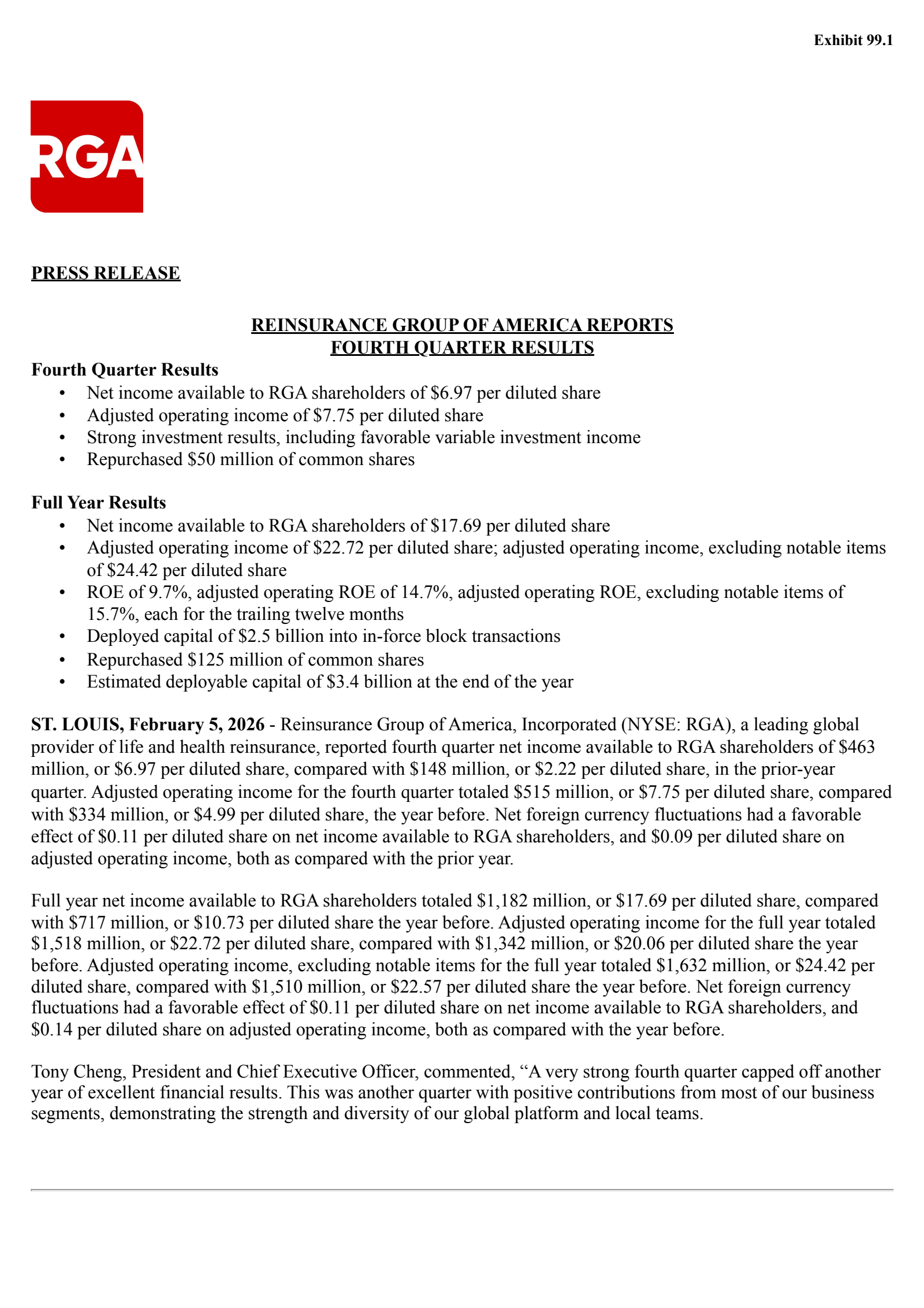 Reinsurance Group of America's Q4 2025 Press Release