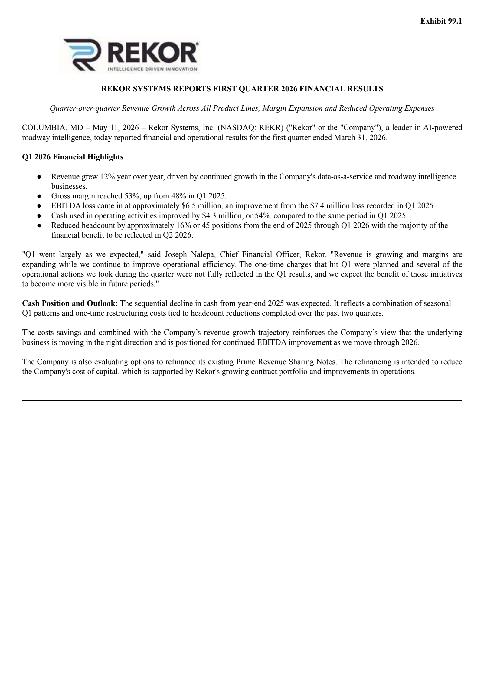 Rekor Systems' Q1 2026 Press Release