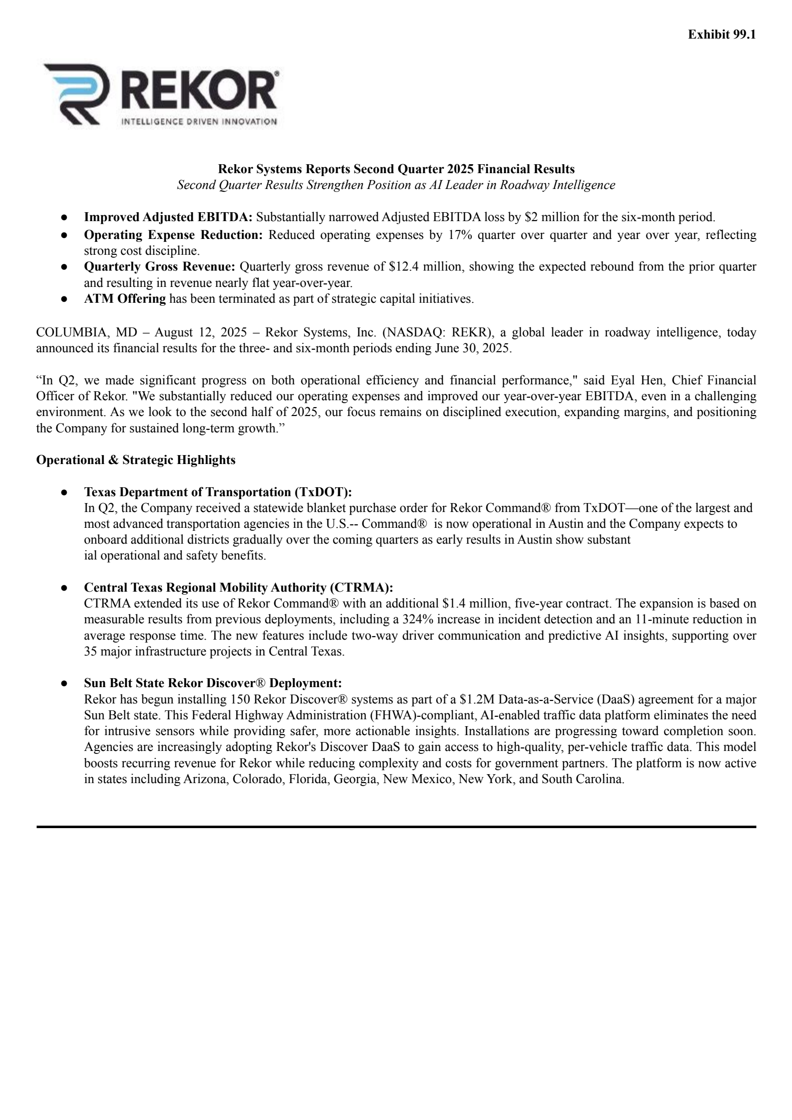 Rekor Systems' Q2 2025 Press Release