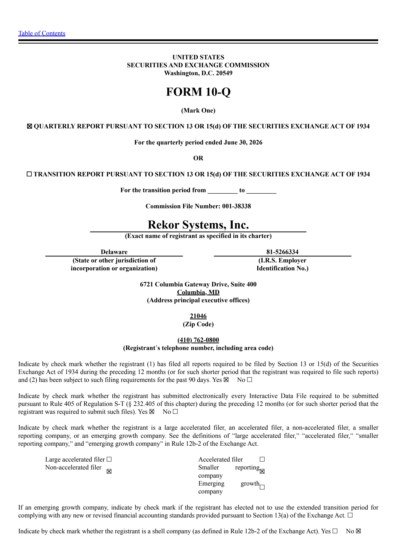 Rekor Systems' Q2 2026 Quarterly report