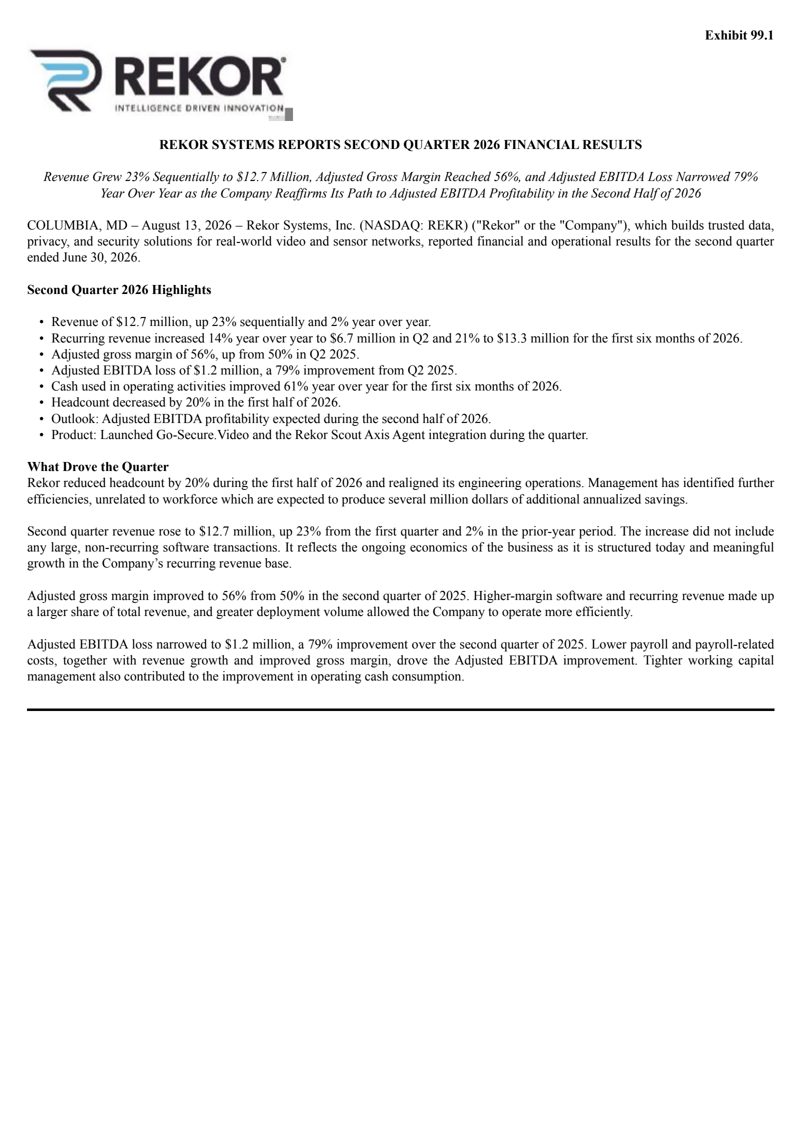 Rekor Systems' Q2 2026 Press Release