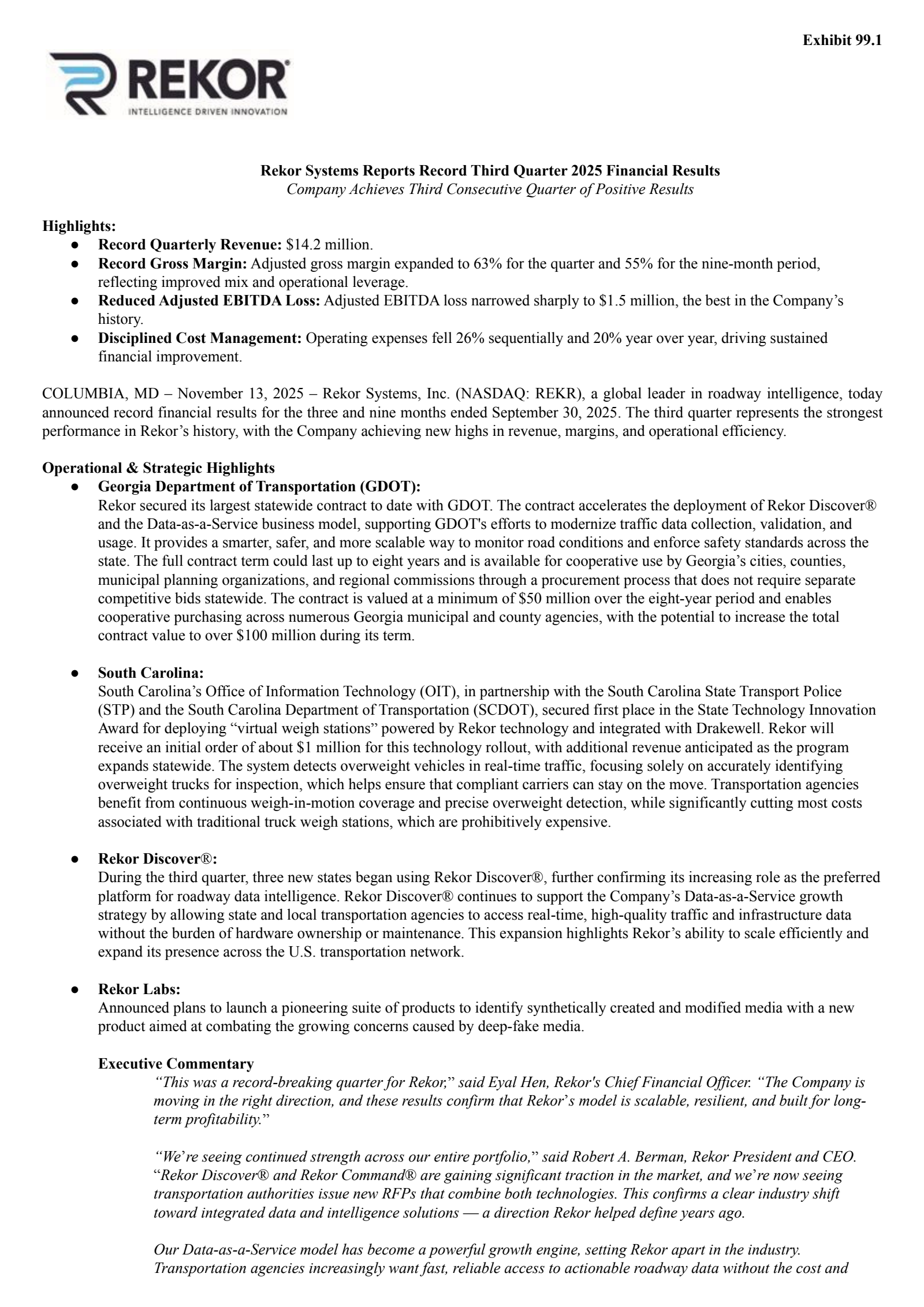 Rekor Systems' Q3 2025 Earnings Release