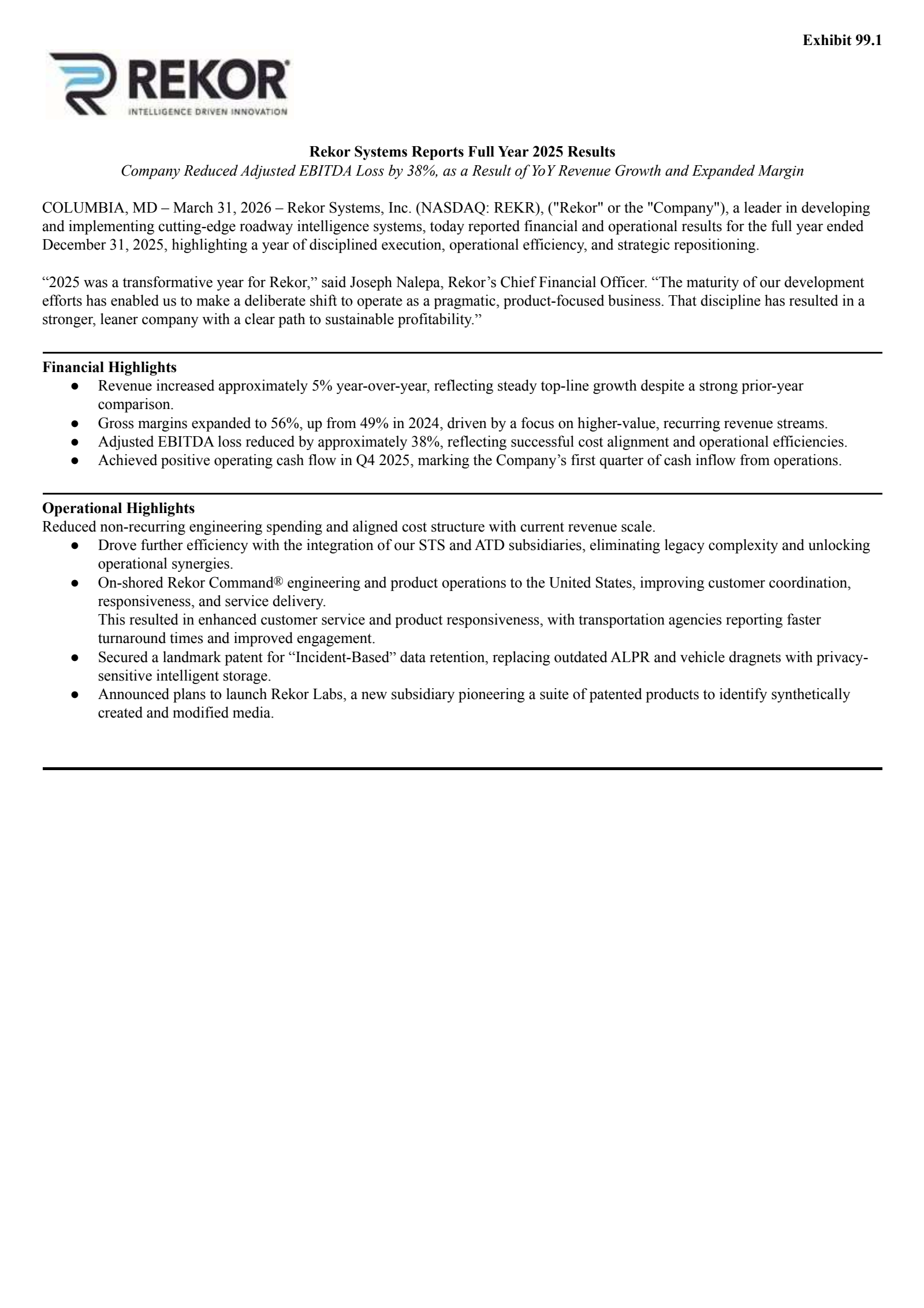 Rekor Systems' Q4 2025 Press Release