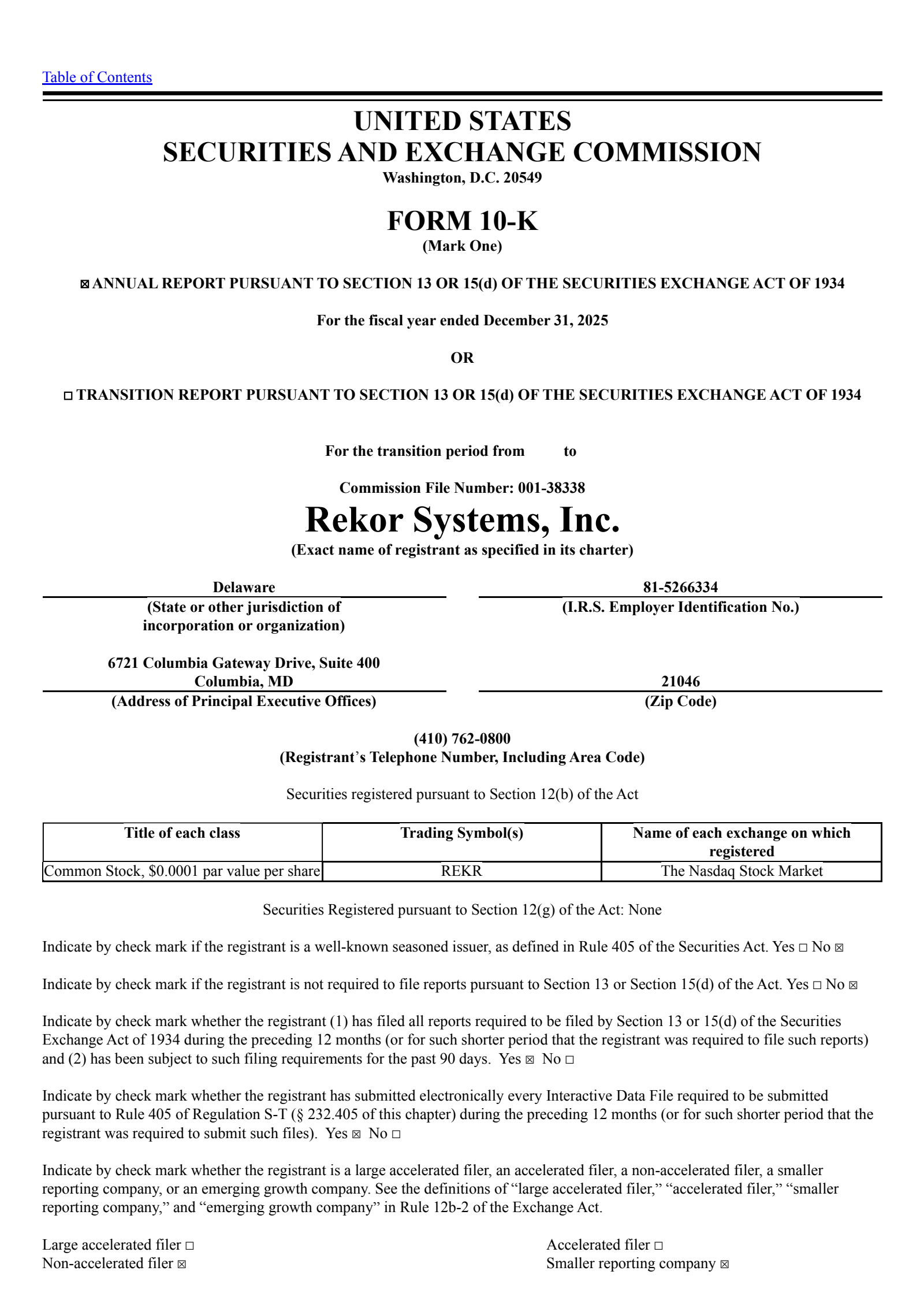 Rekor Systems' Q4 2025 Annual report