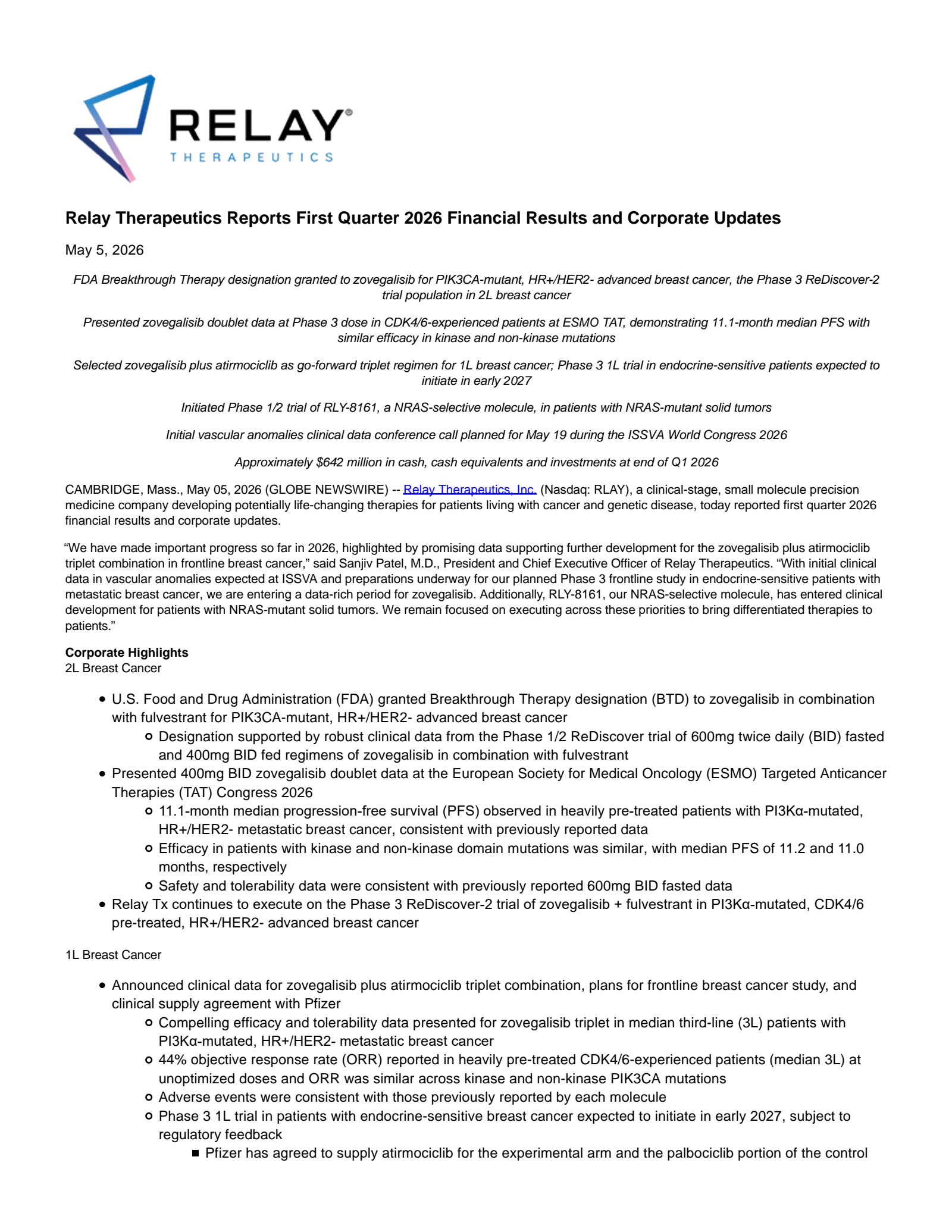 Relay Therapeutics' Q1 2026 Press Release