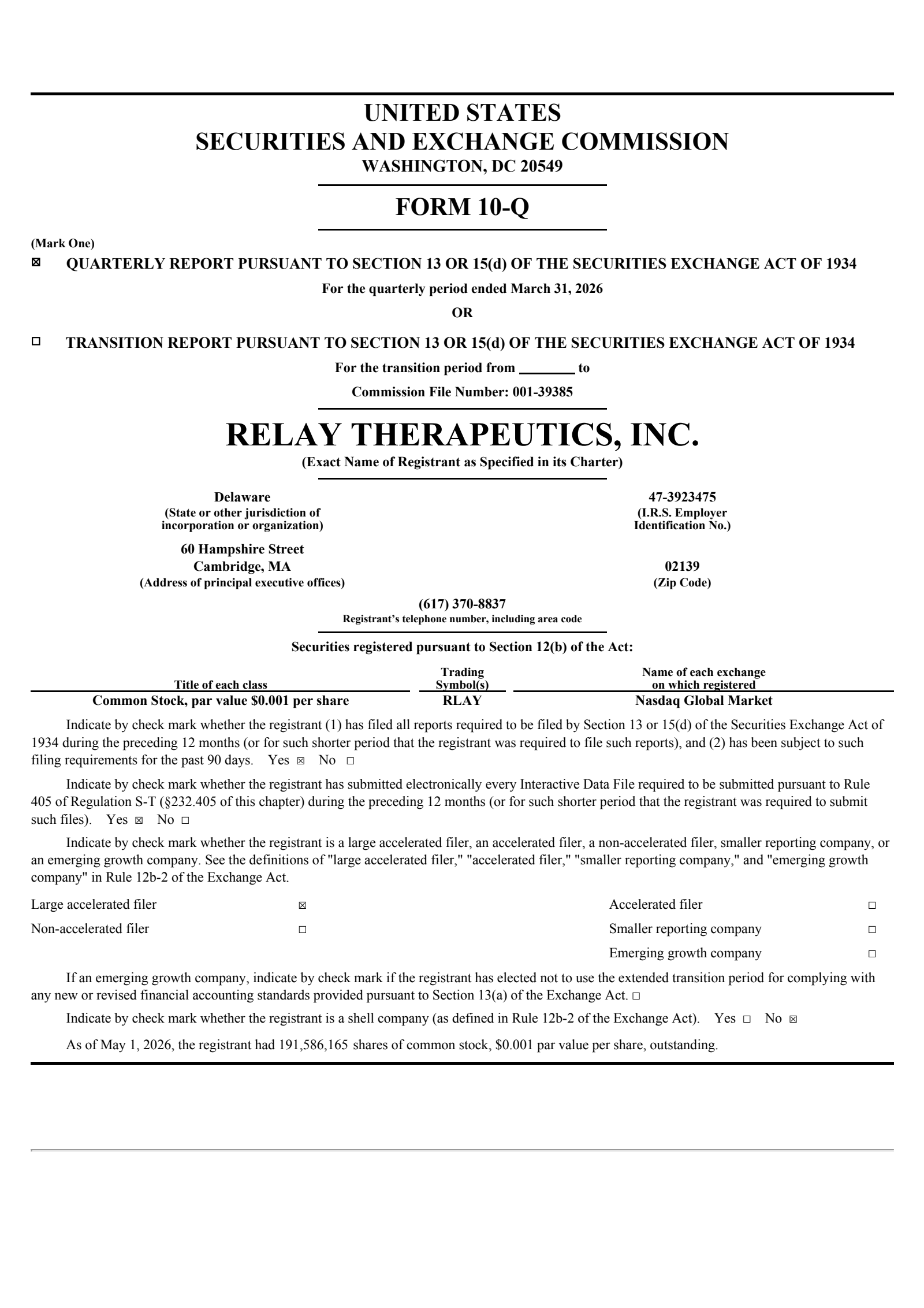 Relay Therapeutics' Q1 2026 Quarterly report