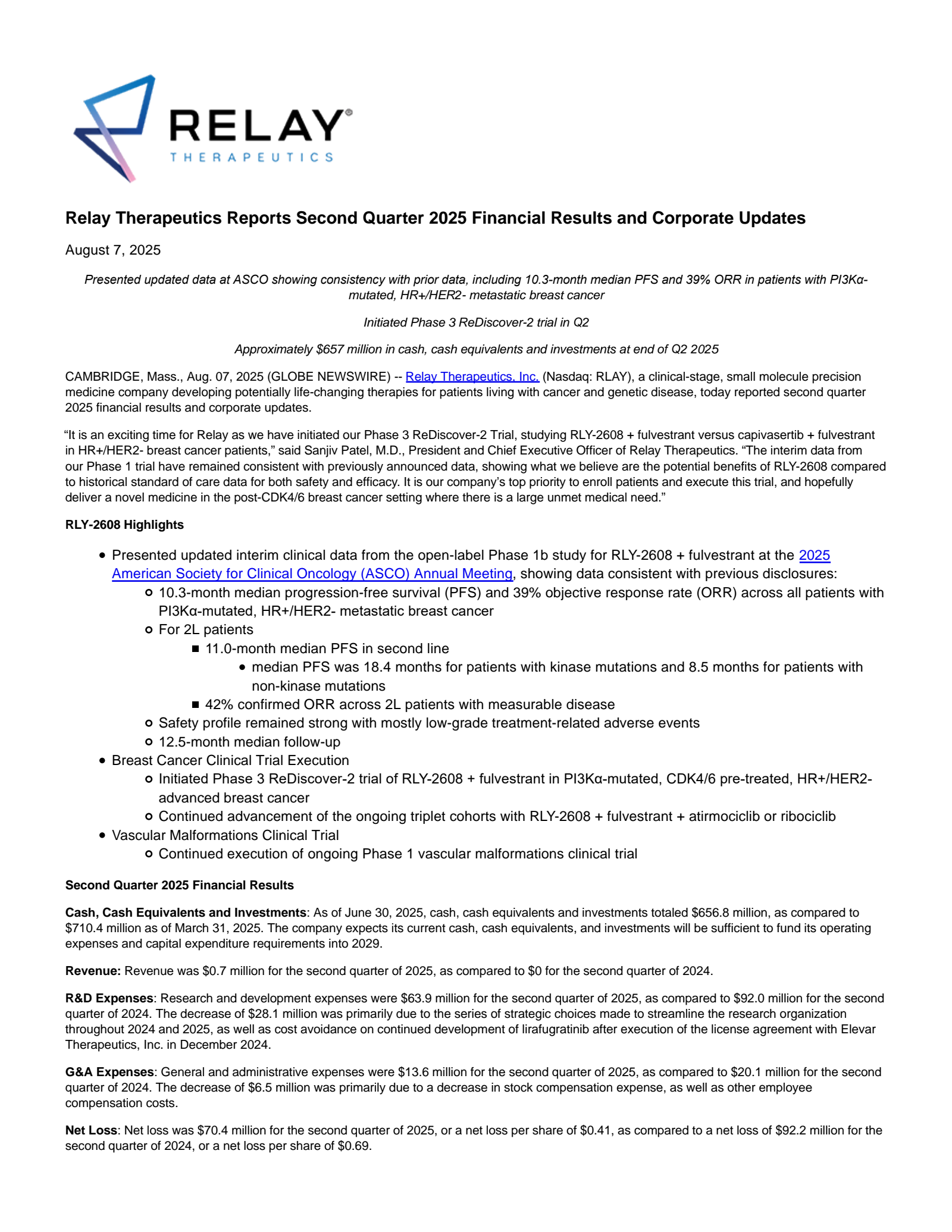 Relay Therapeutics' Q2 2025 Press Release
