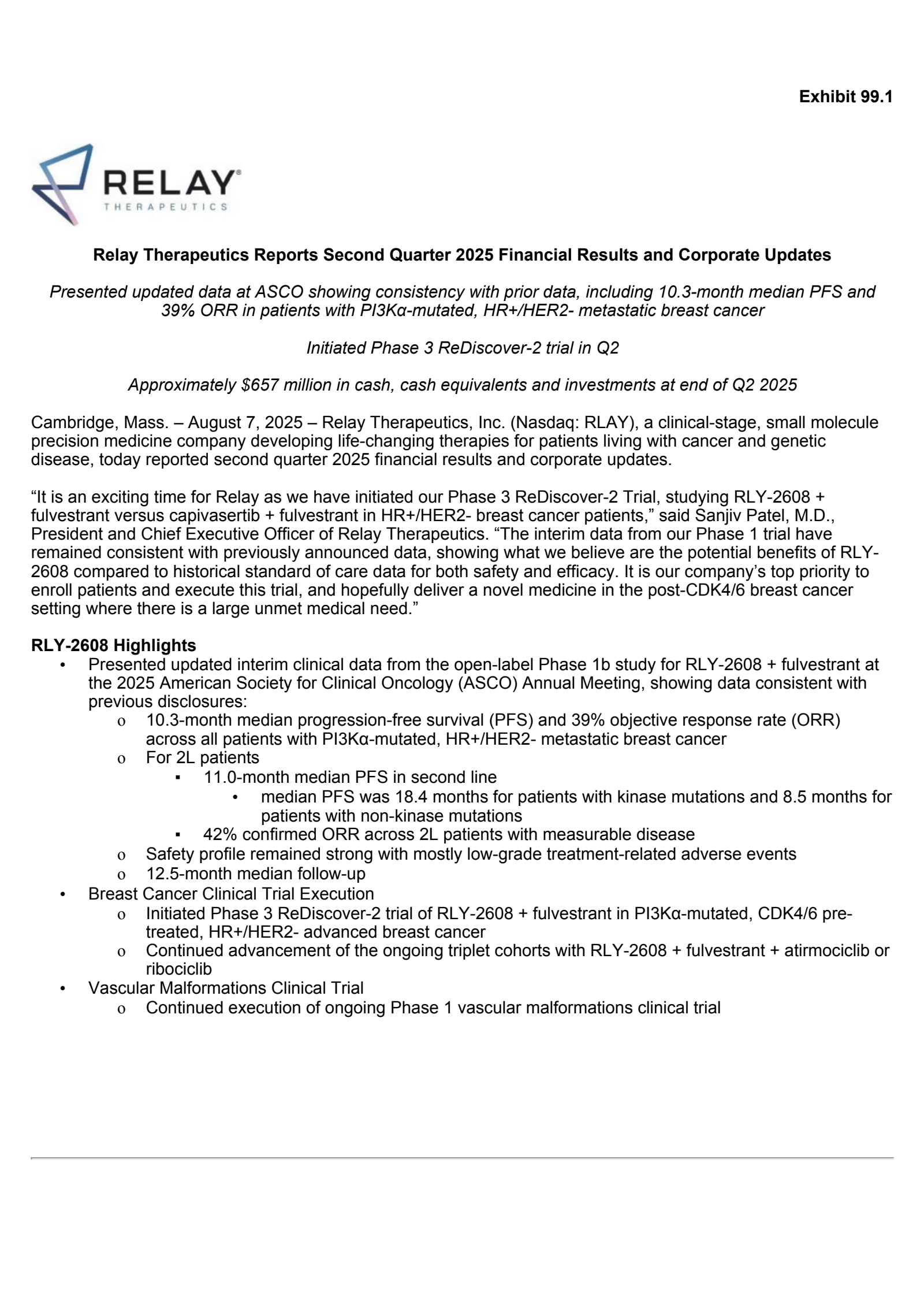 Relay Therapeutics' Q2 2025 Press Release