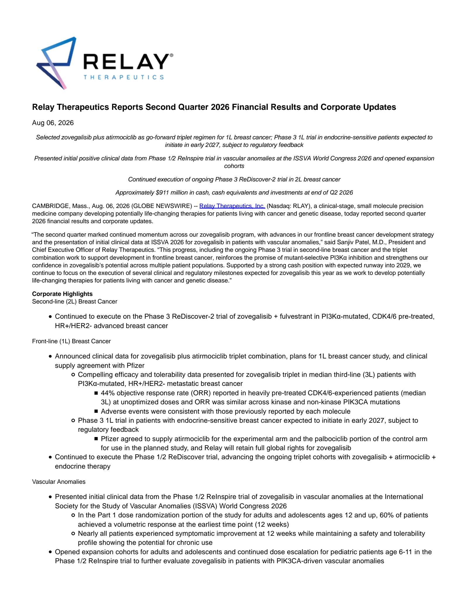 Relay Therapeutics' Q2 2026 Press Release