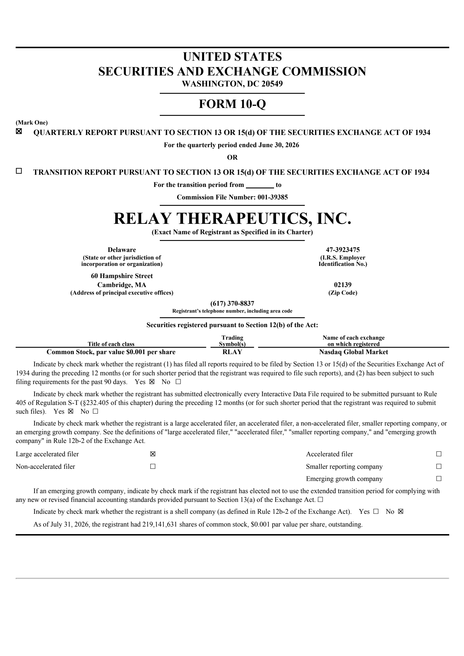 Relay Therapeutics' Q2 2026 Quarterly report
