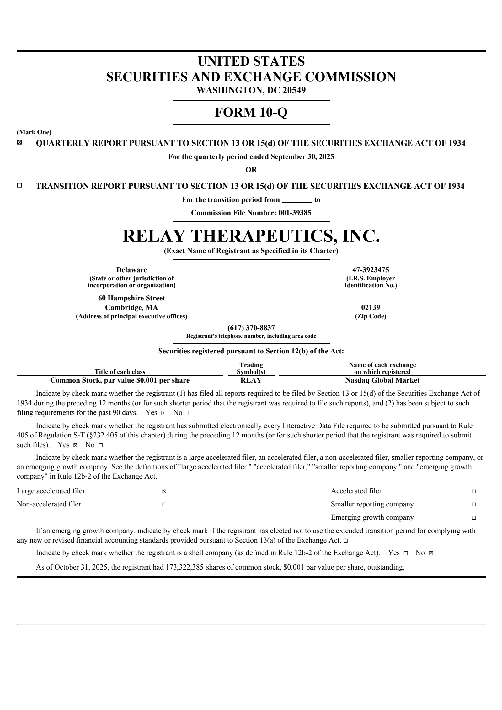 Relay Therapeutics' Q3 2025 Quarterly Report