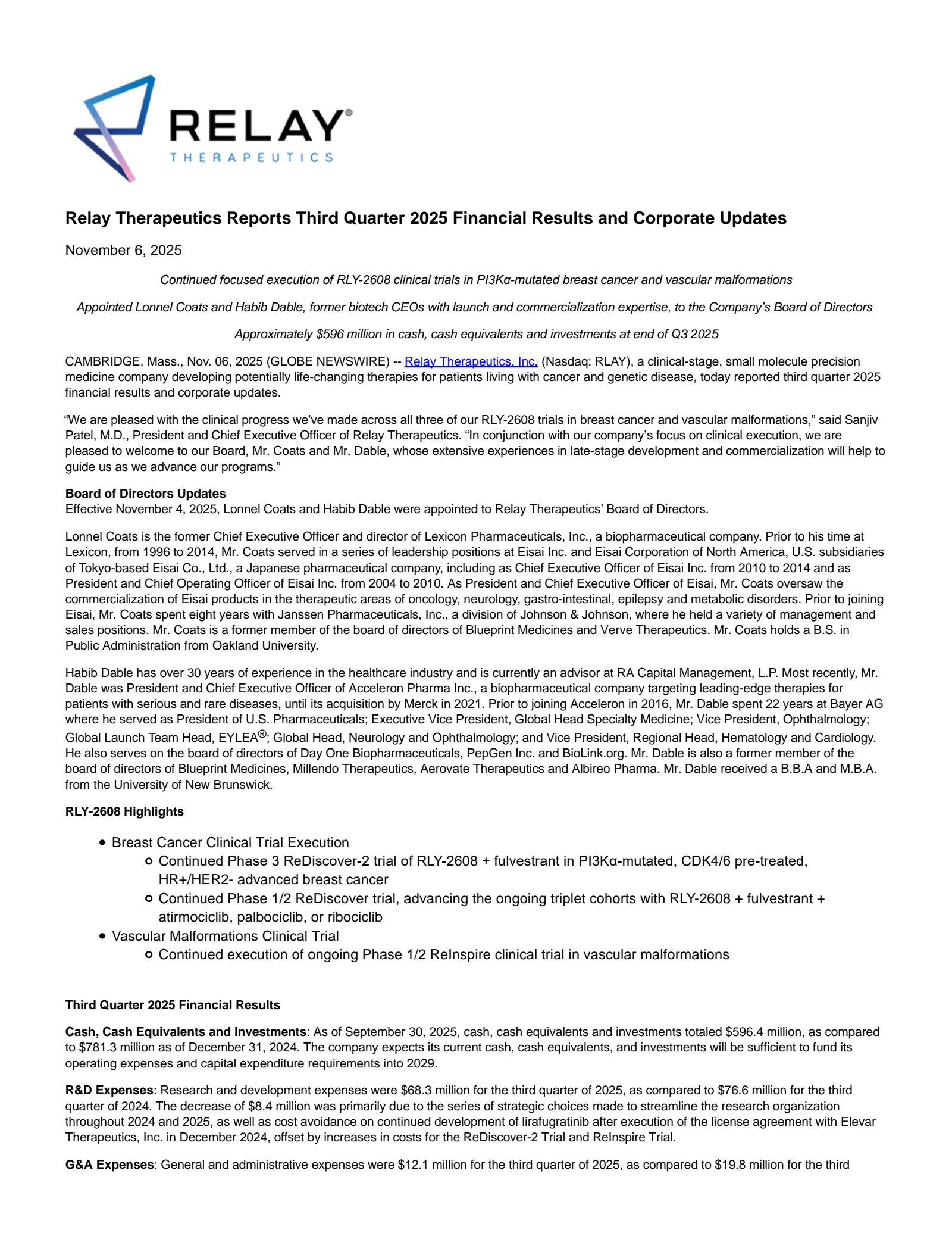 Relay Therapeutics' Q3 2025 Earnings Release