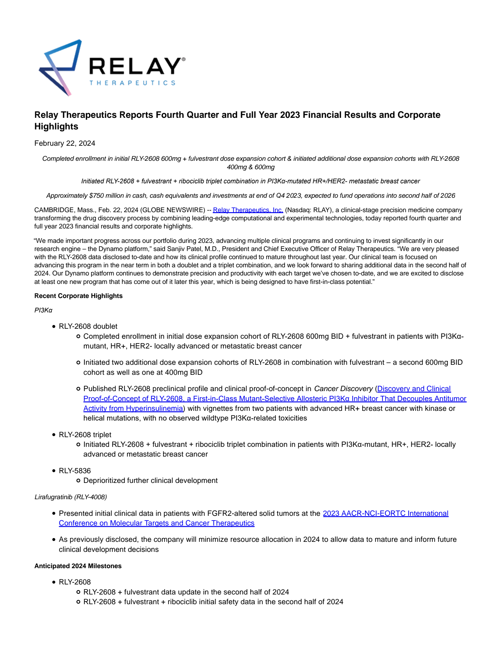 R Lay RLAY Q4 2023 Earnings Report on 2/22/2024