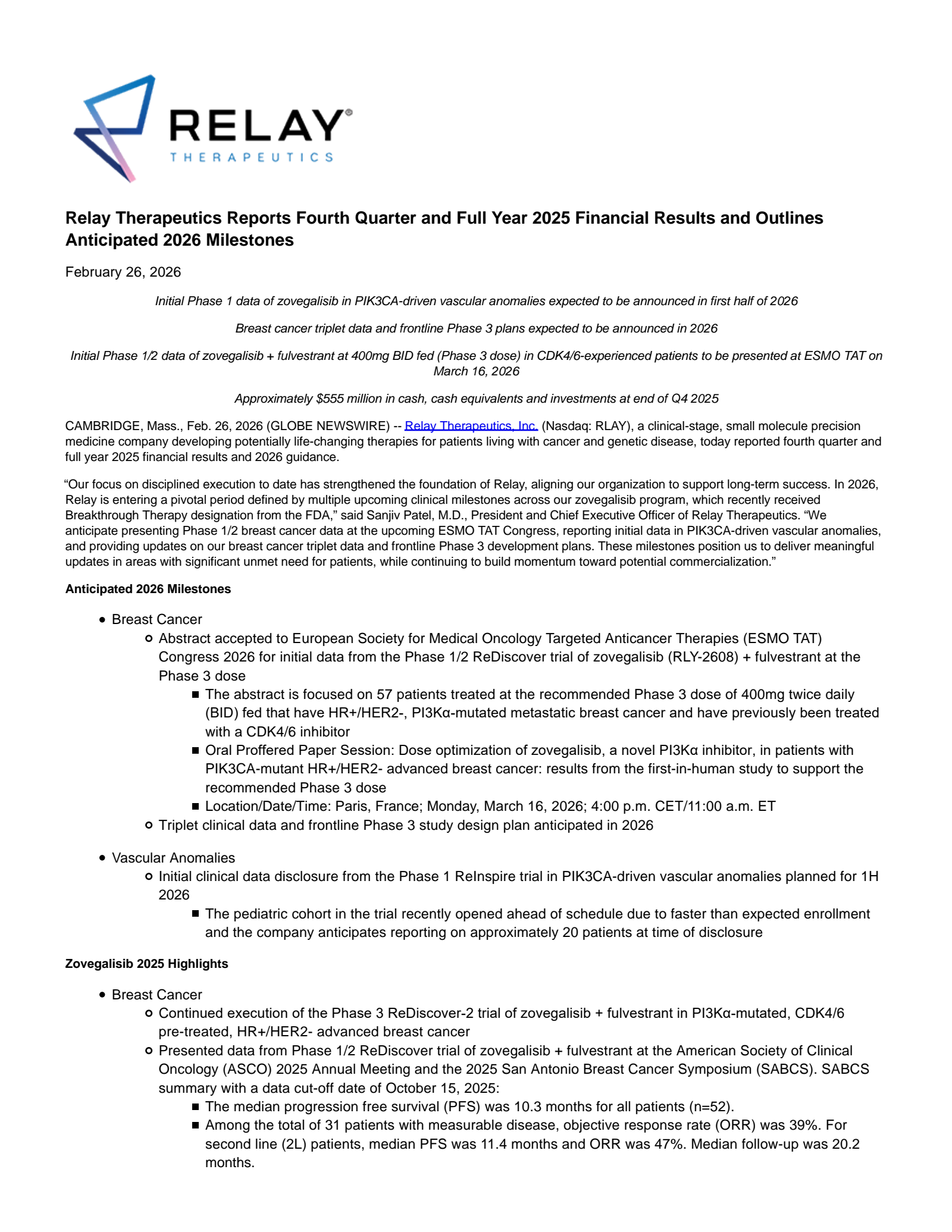 Relay Therapeutics' Q4 2025 Press Release
