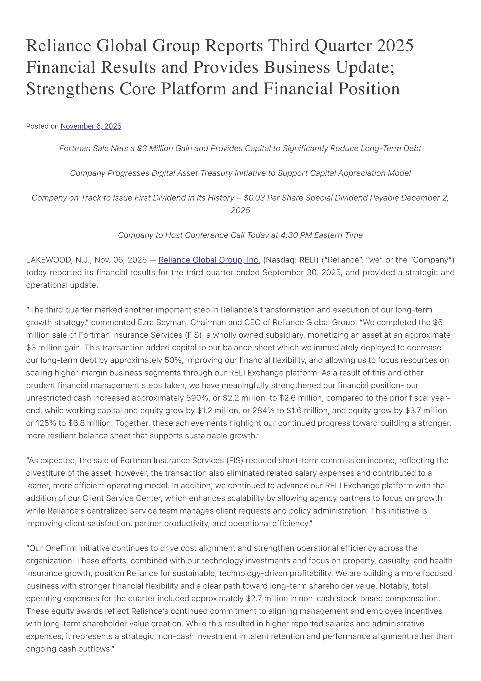 Reliance Global Group's Q3 2025 Earnings Release