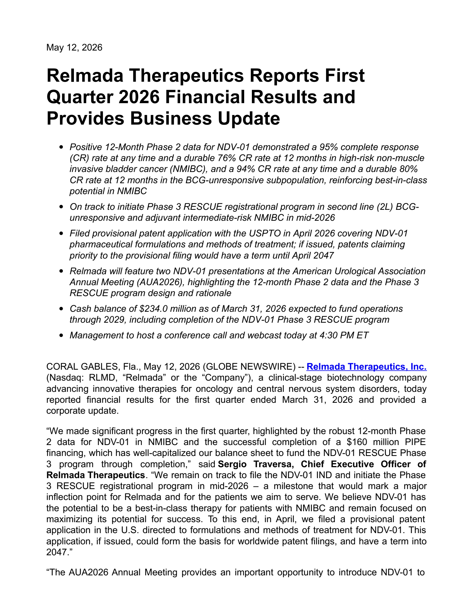 Relmada Therapeutics' Q1 2026 Press Release
