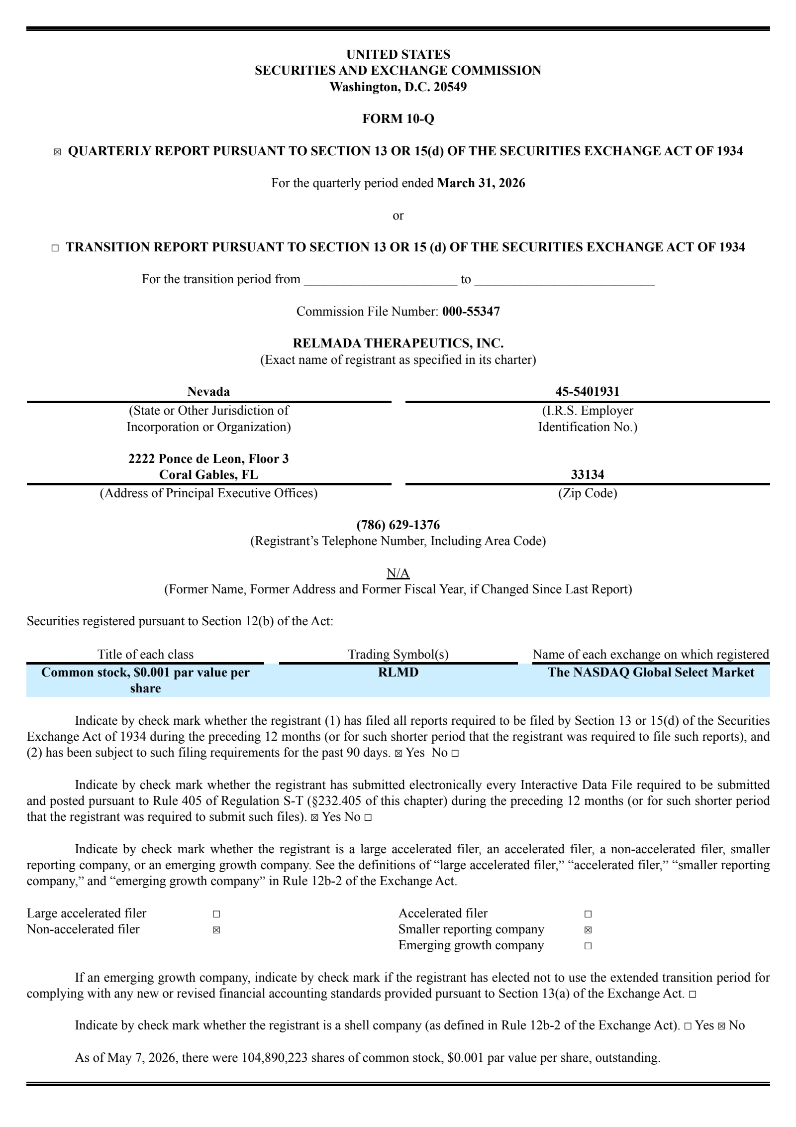 Relmada Therapeutics' Q1 2026 Quarterly report