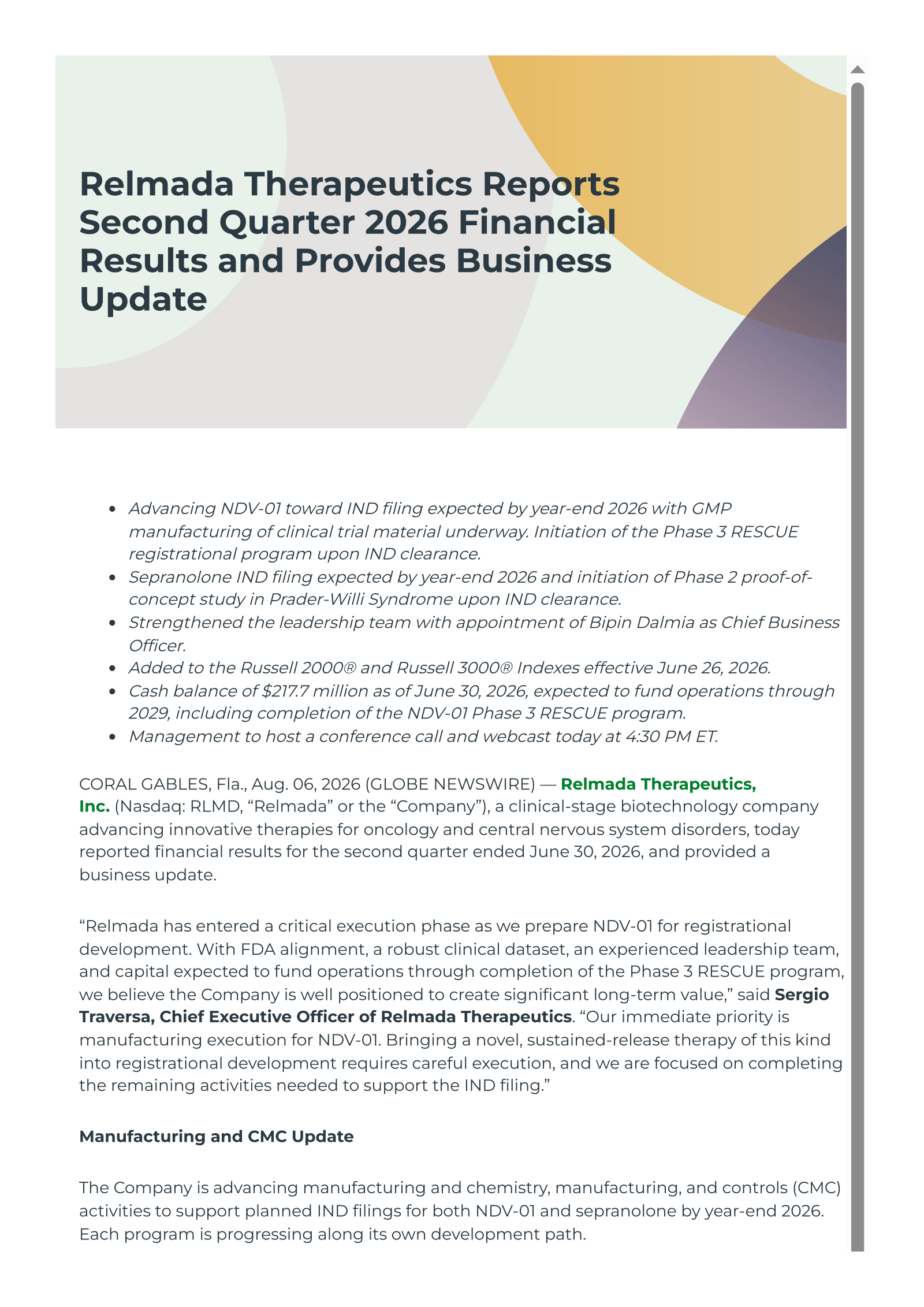 Relmada Therapeutics' Q2 2026 Press Release